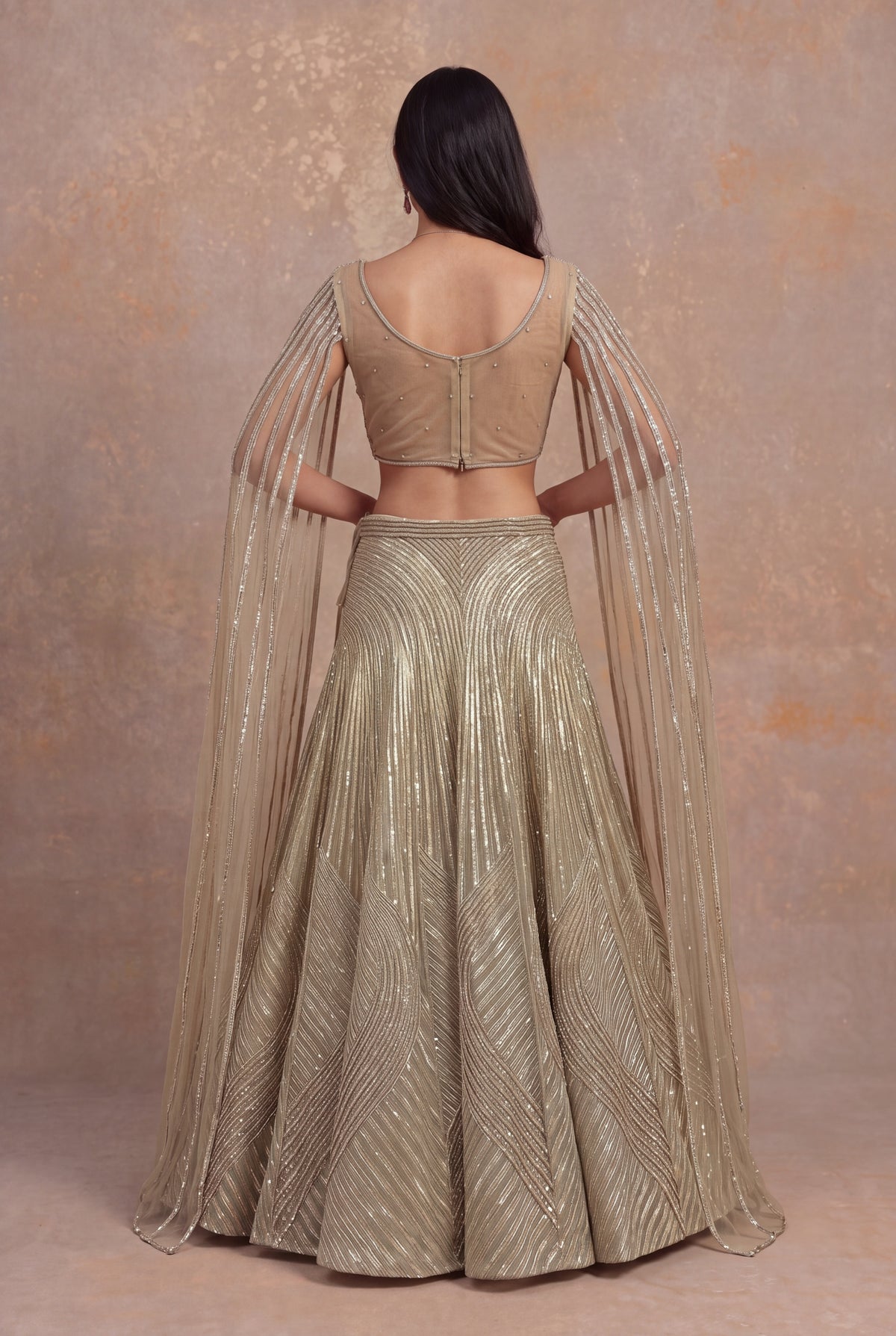 Gold Organza Lehenga with Attached Dupatta Blouse - Mokshaa