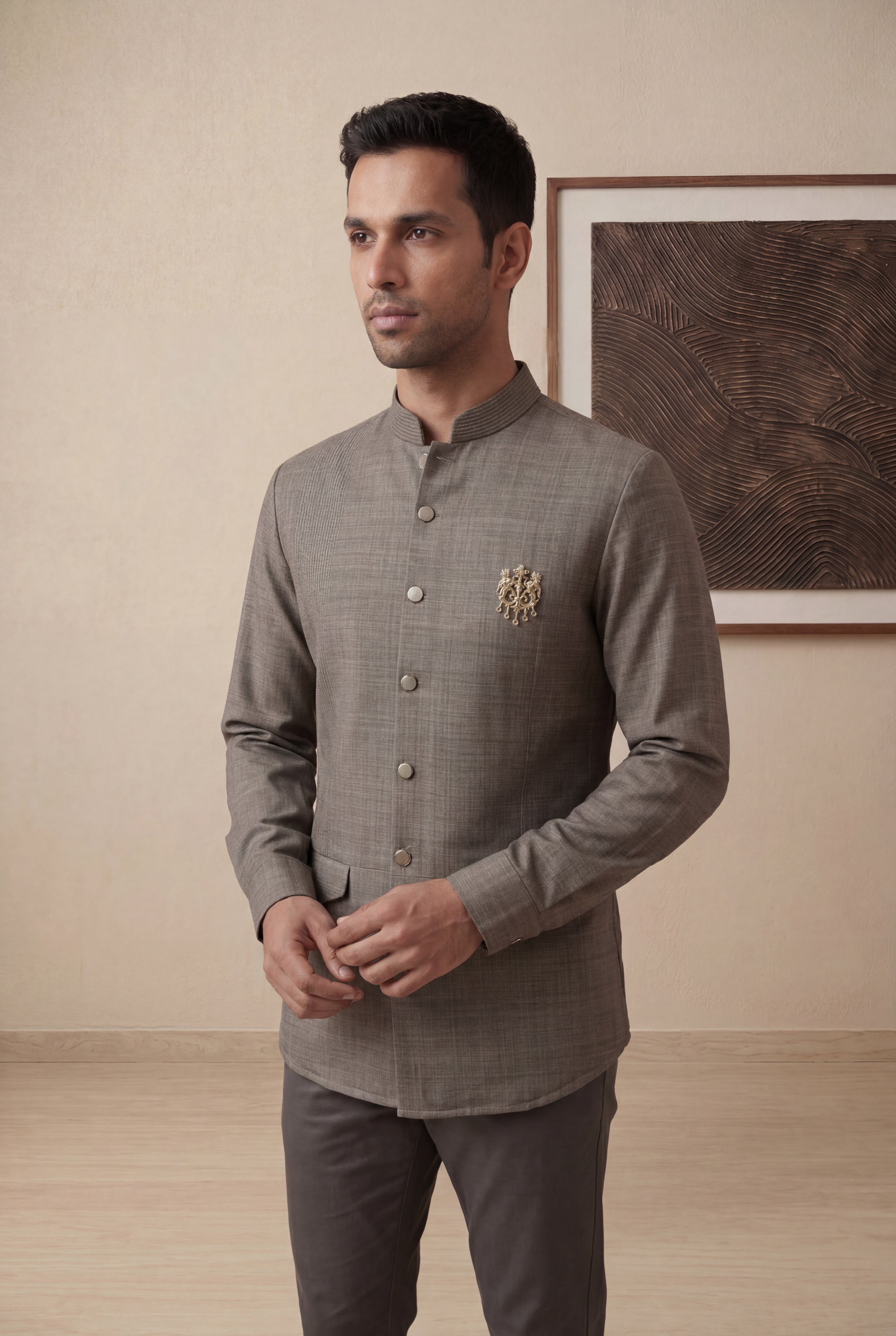 Olive Green Japanese Silk Mandarin Collar Shirt
