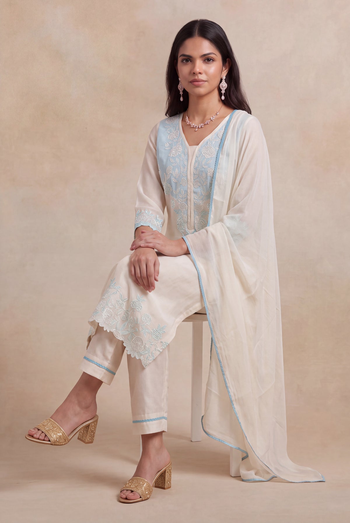 Ivory Mul Cotton Straight-Cut Salwar Set - Mokshaa