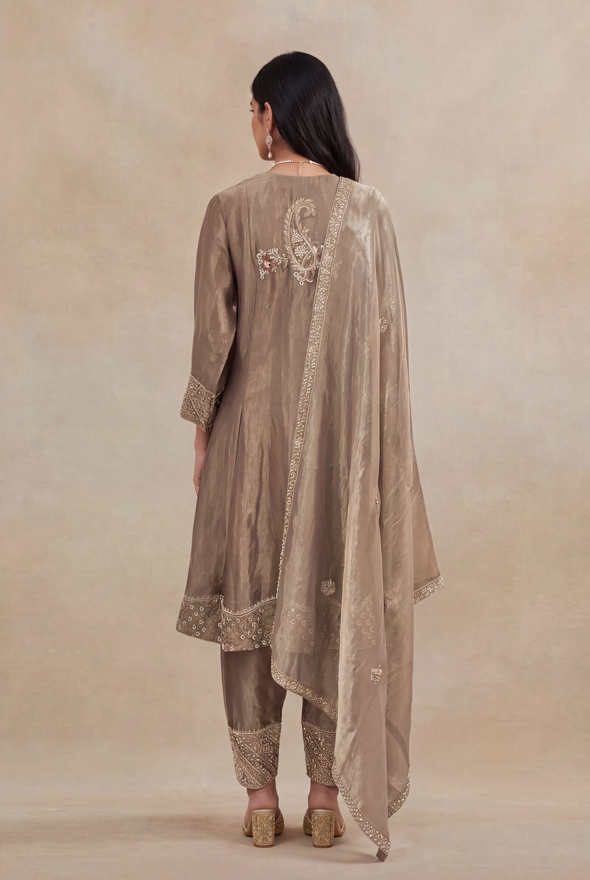 Mocha Taupe Pure Tissue Silk Indo Western Kurta Set with Zardozi Embroidery - Mokshaa