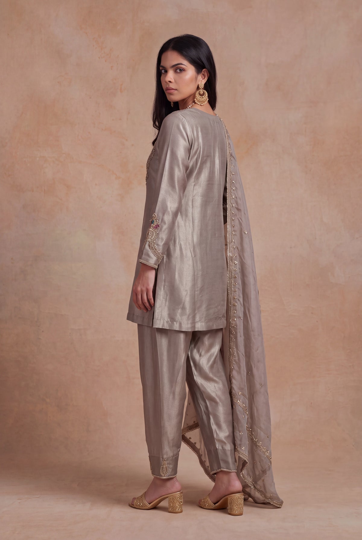 Silver Grey Tissue Indo-Western Set - Mokshaa