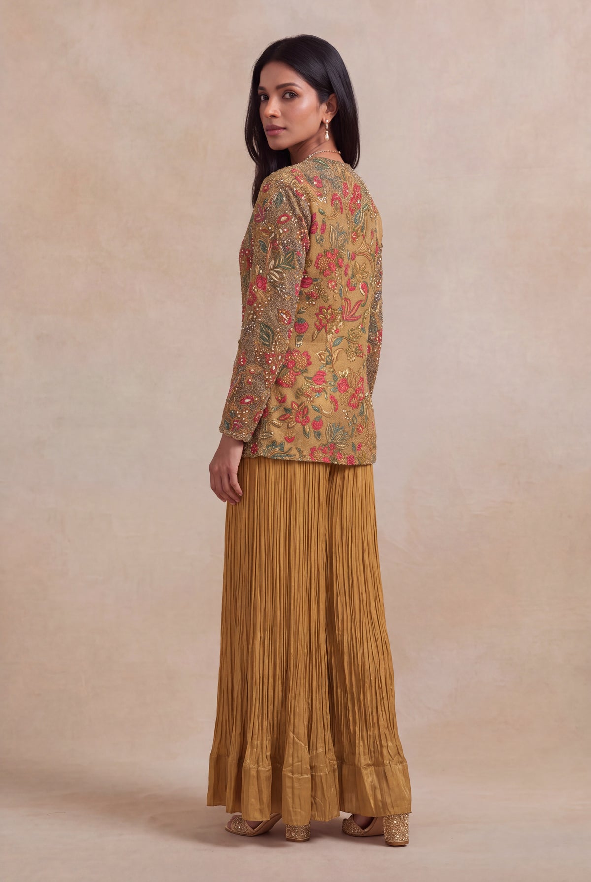 Mustard Yellow Printed Co-ord Set with Metallic Thread Embroidery - Mokshaa