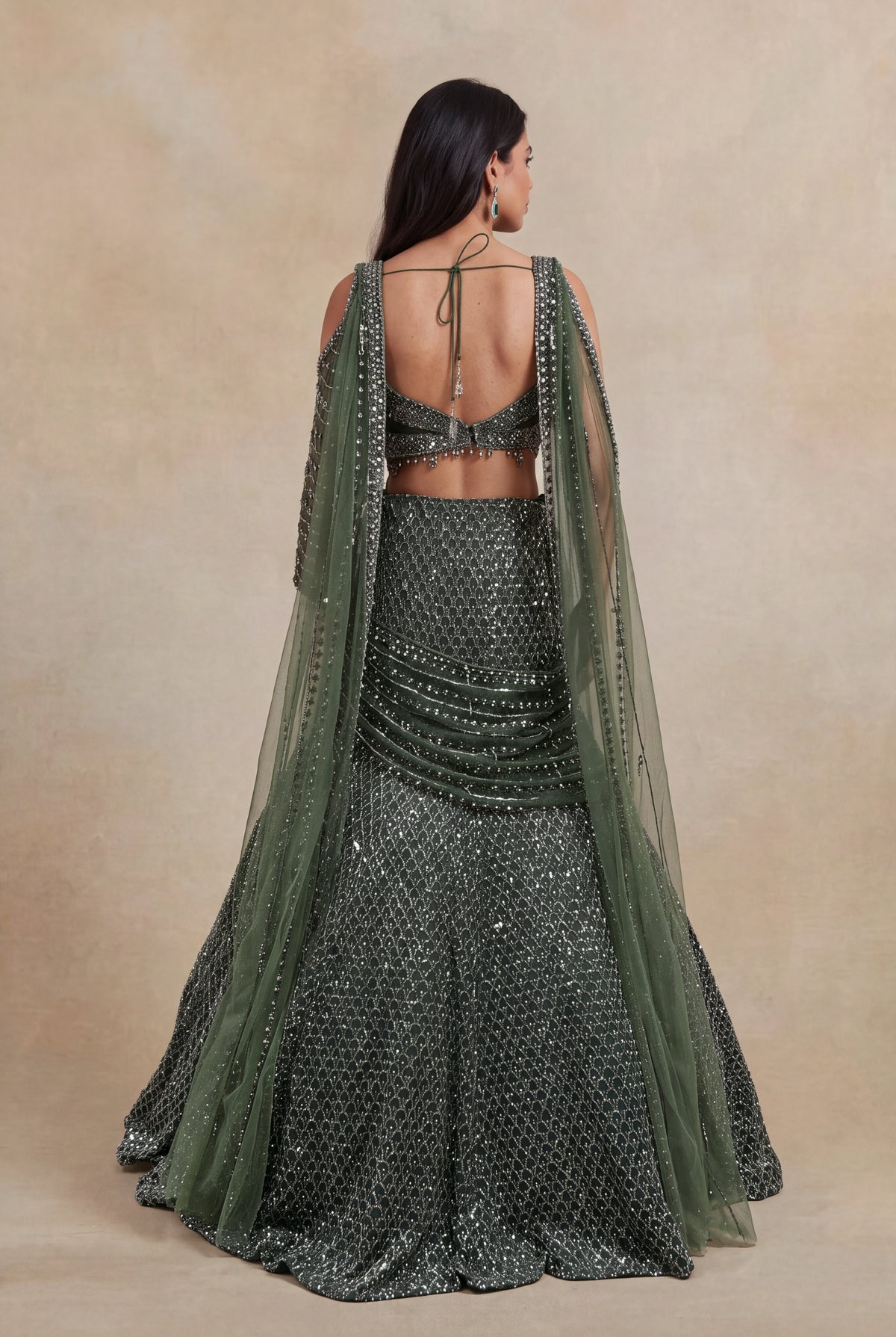 Mehandi Green Net Lehenga - Mokshaa