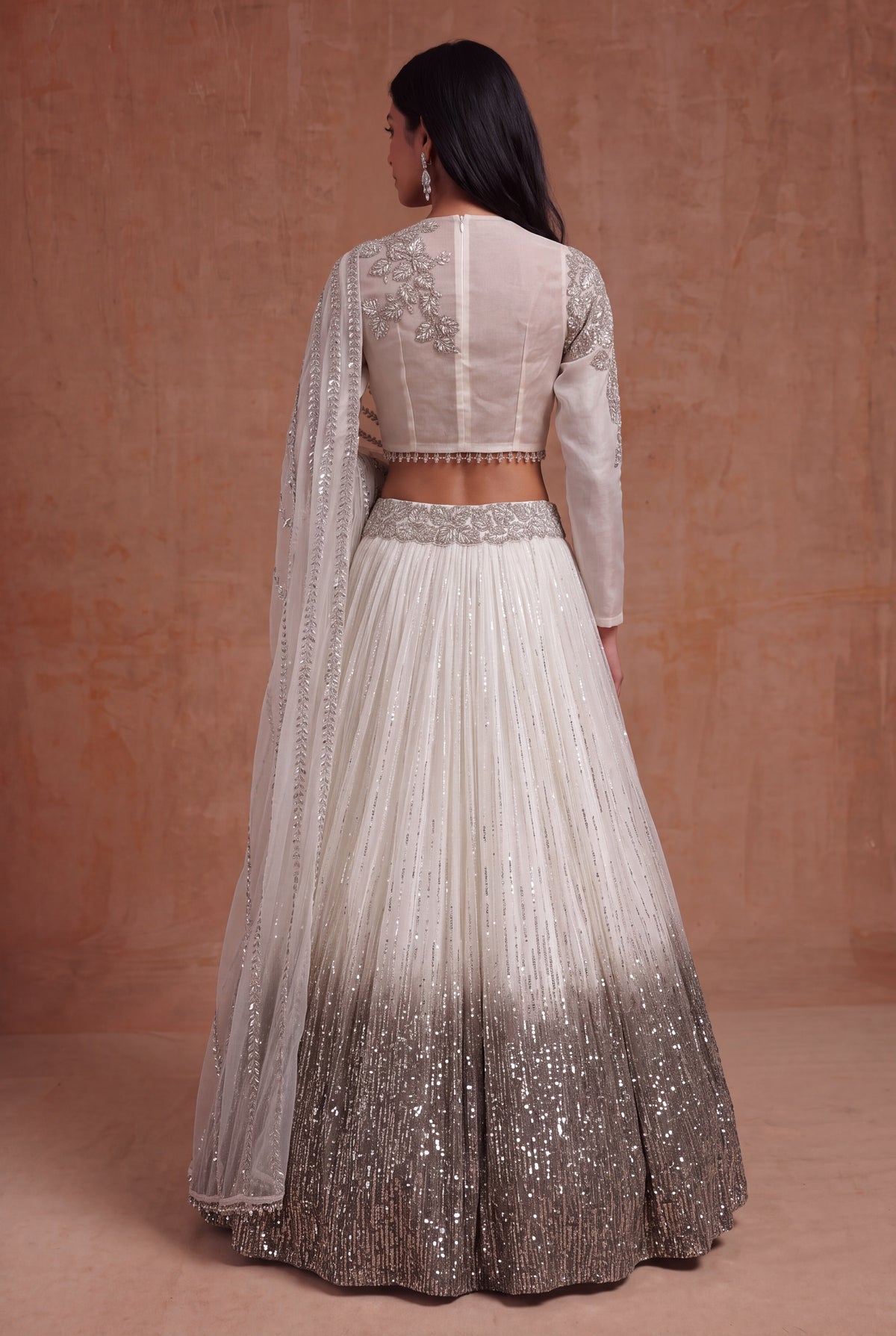 Ivory Organza Ombre Sequin Lehenga - Mokshaa