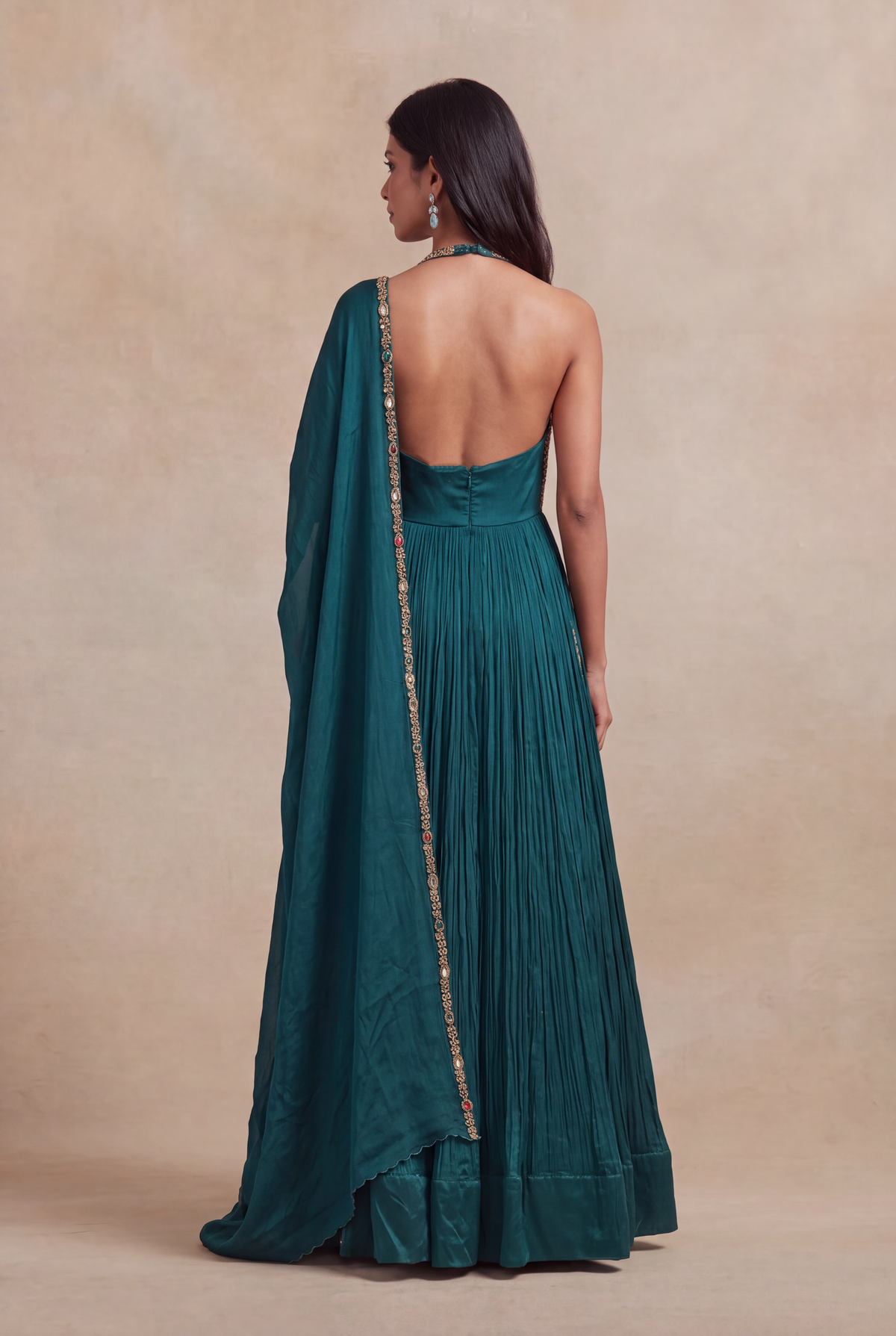 Teal Green Halter Gown with Multi-Stone Zari Embroidery - Mokshaa