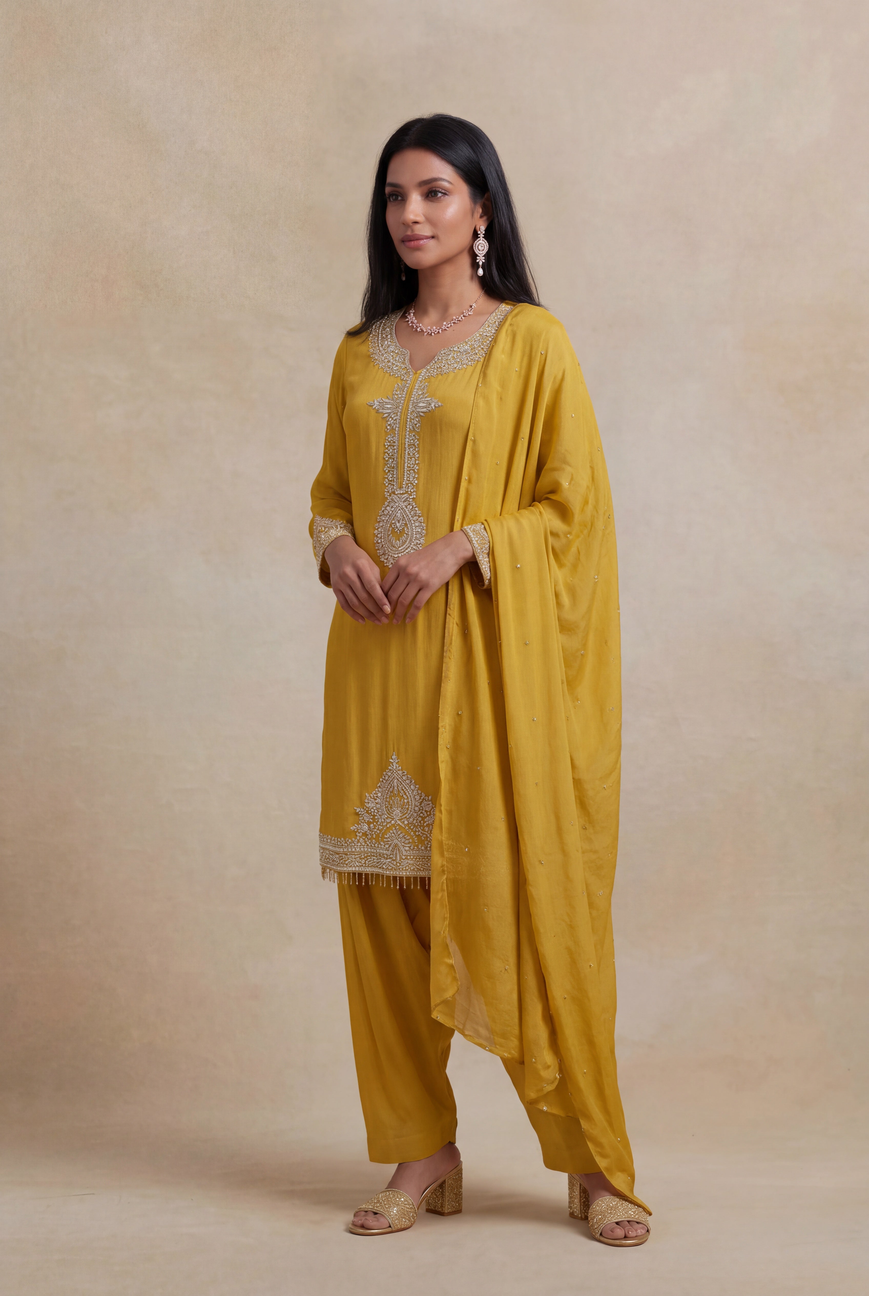 Mustard Yellow Crepe Embroidered Short Top Sharara Set