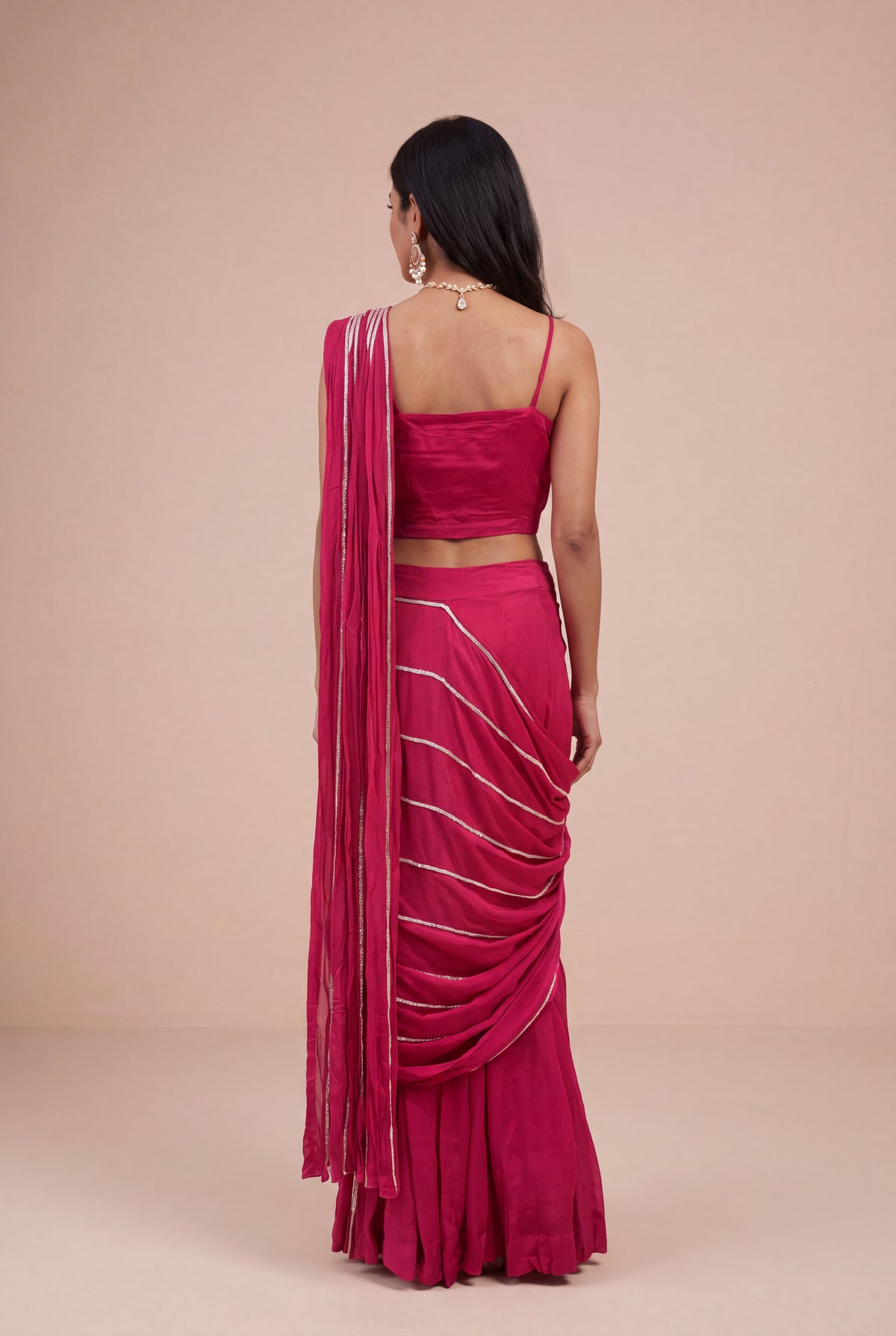 Rani Pink Chinon Crepe Draped Saree - Mokshaa