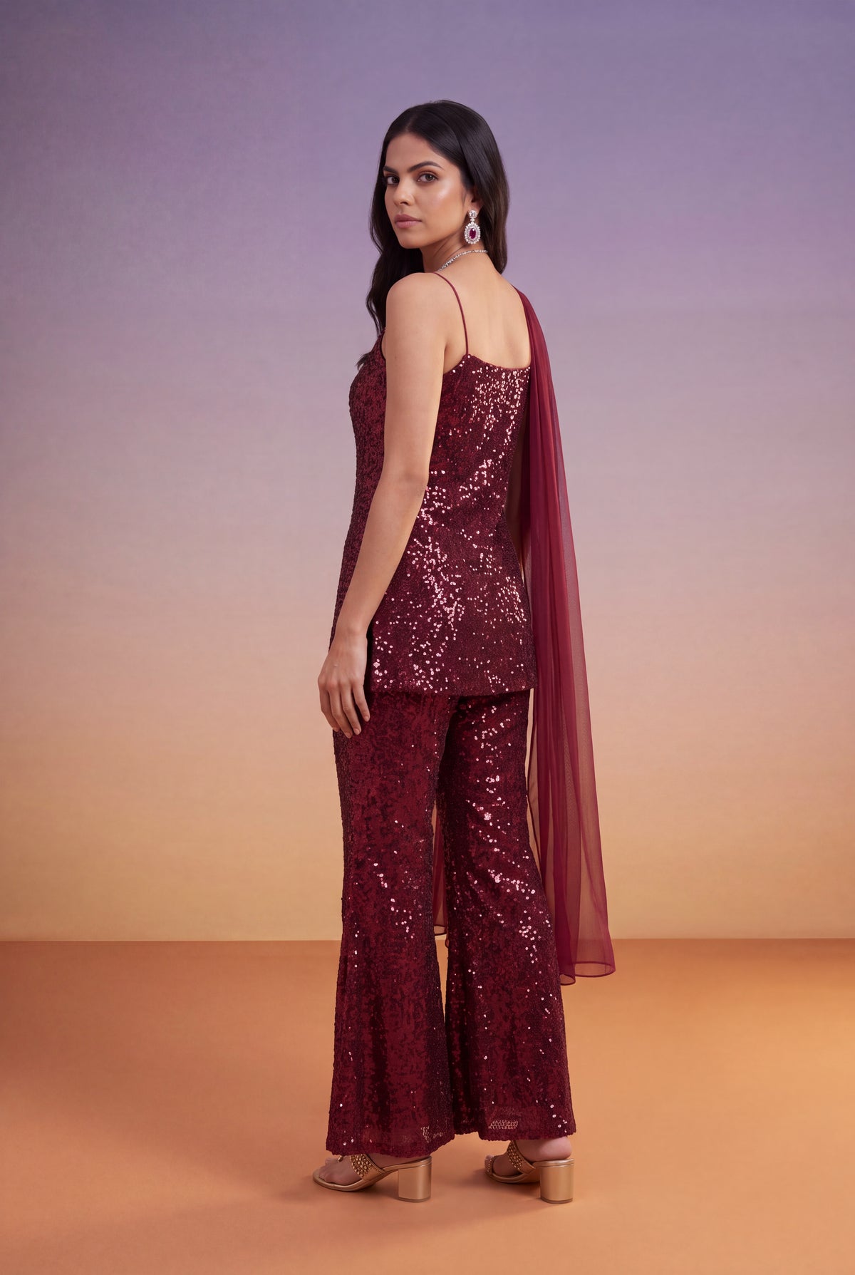 Wine Sequin Indo-Western Palazzo Set with Dupatta - Mokshaa