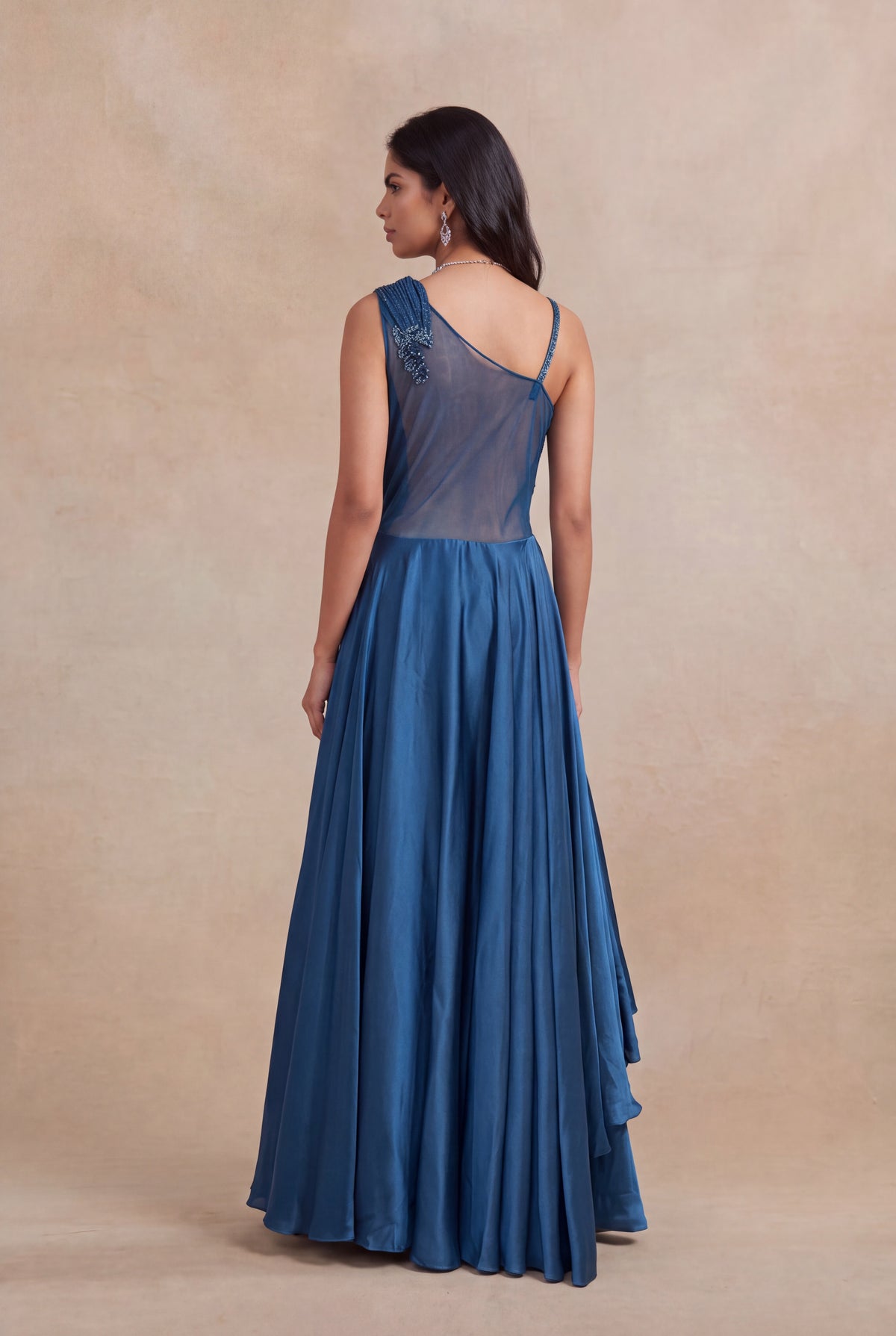 Blue Draped Katdana & Stone Work Designer Gown - Mokshaa