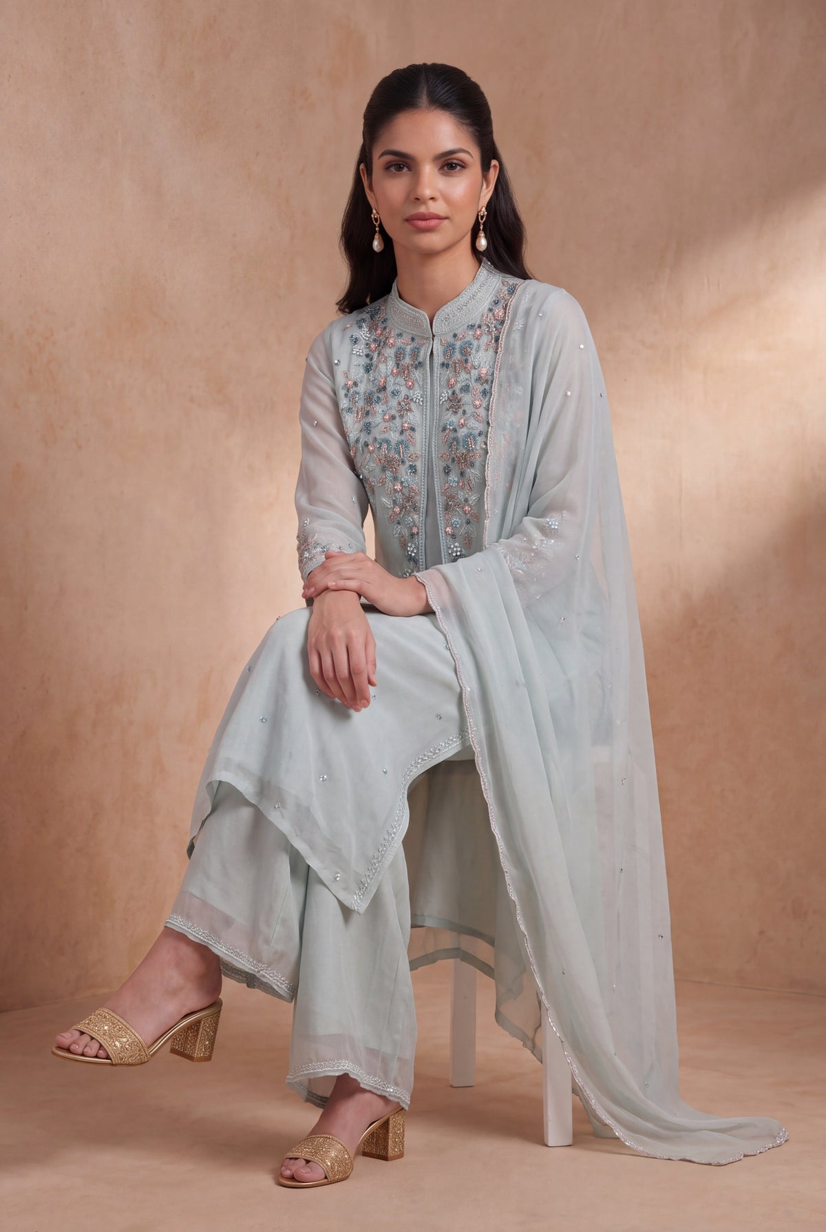 Powder Blue Crepe Indo-Western Sharara Set - Mokshaa