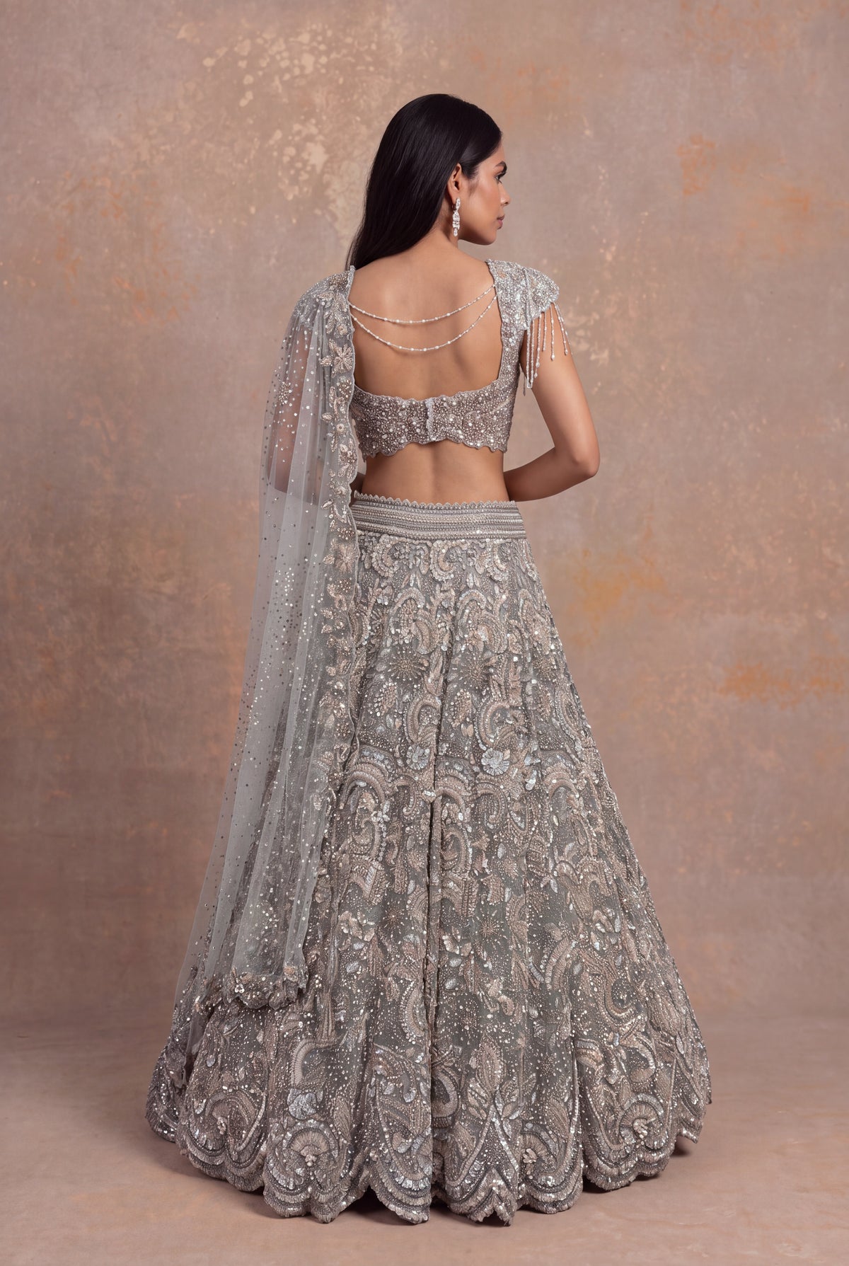 Sea Blue Net Lehenga - Mokshaa