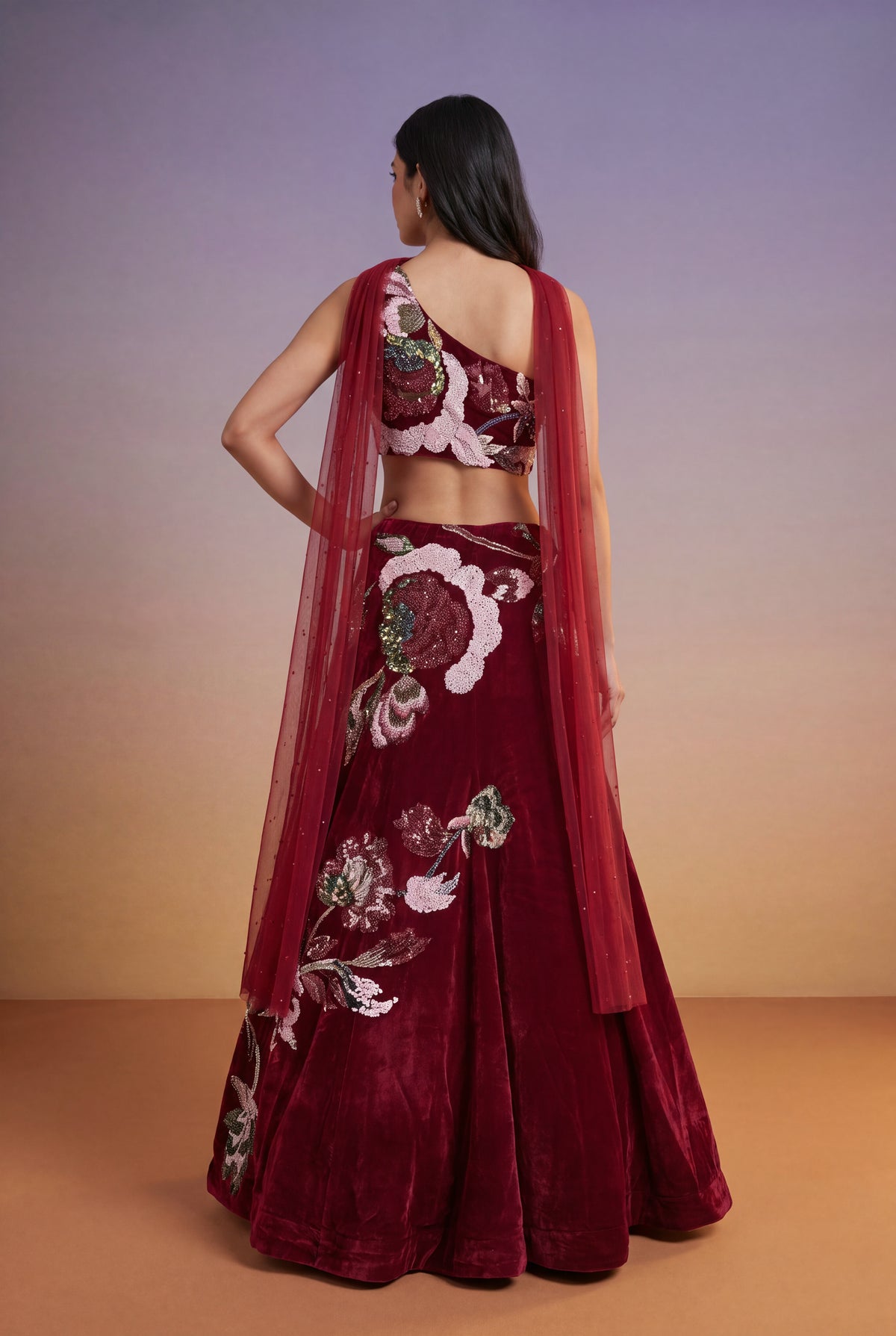Cherry Red Velvet Lehenga Set with Cutdana and Pearl Embroidery - Mokshaa