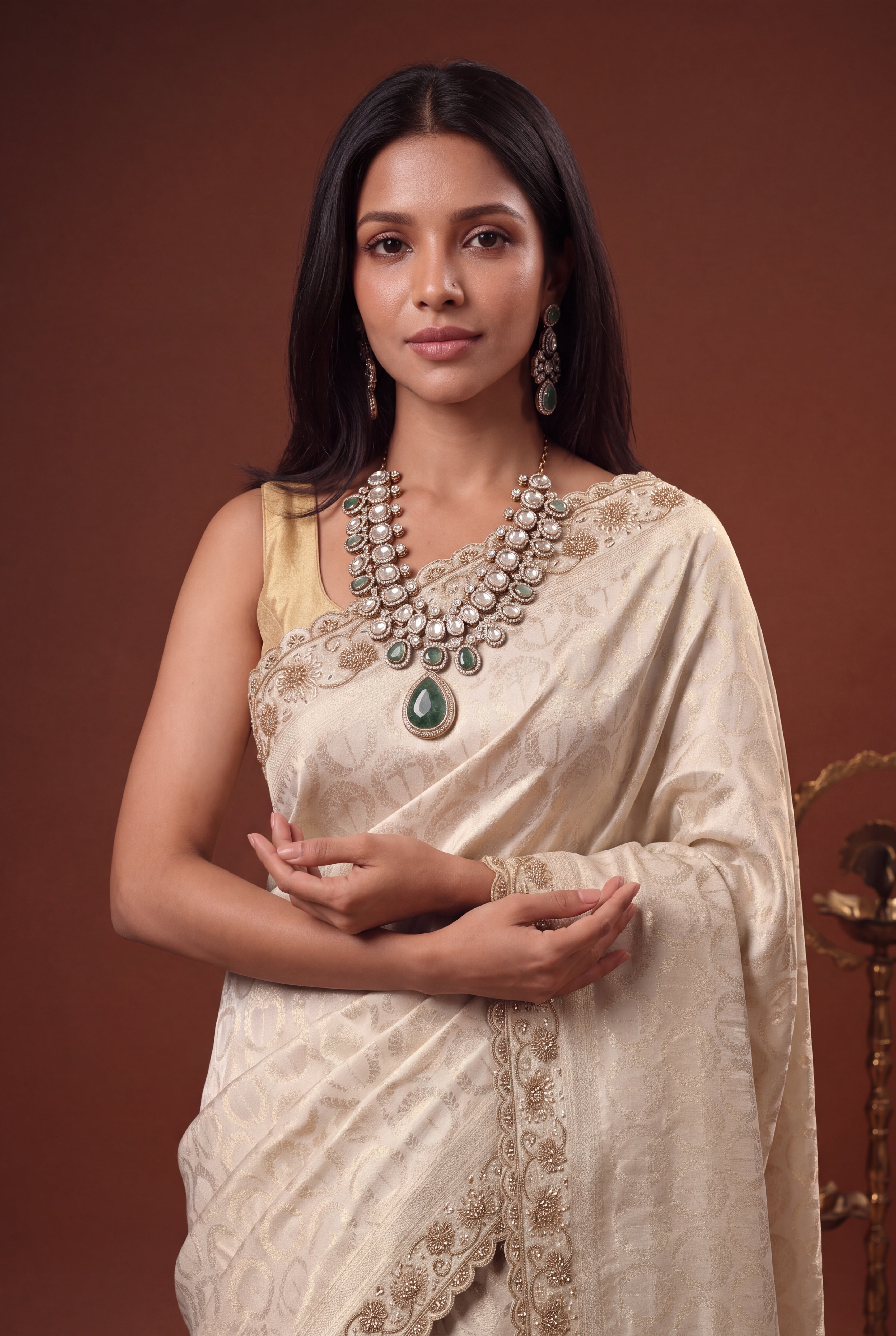 Ivory Banarasi Silk Saree with Antique Zari Work