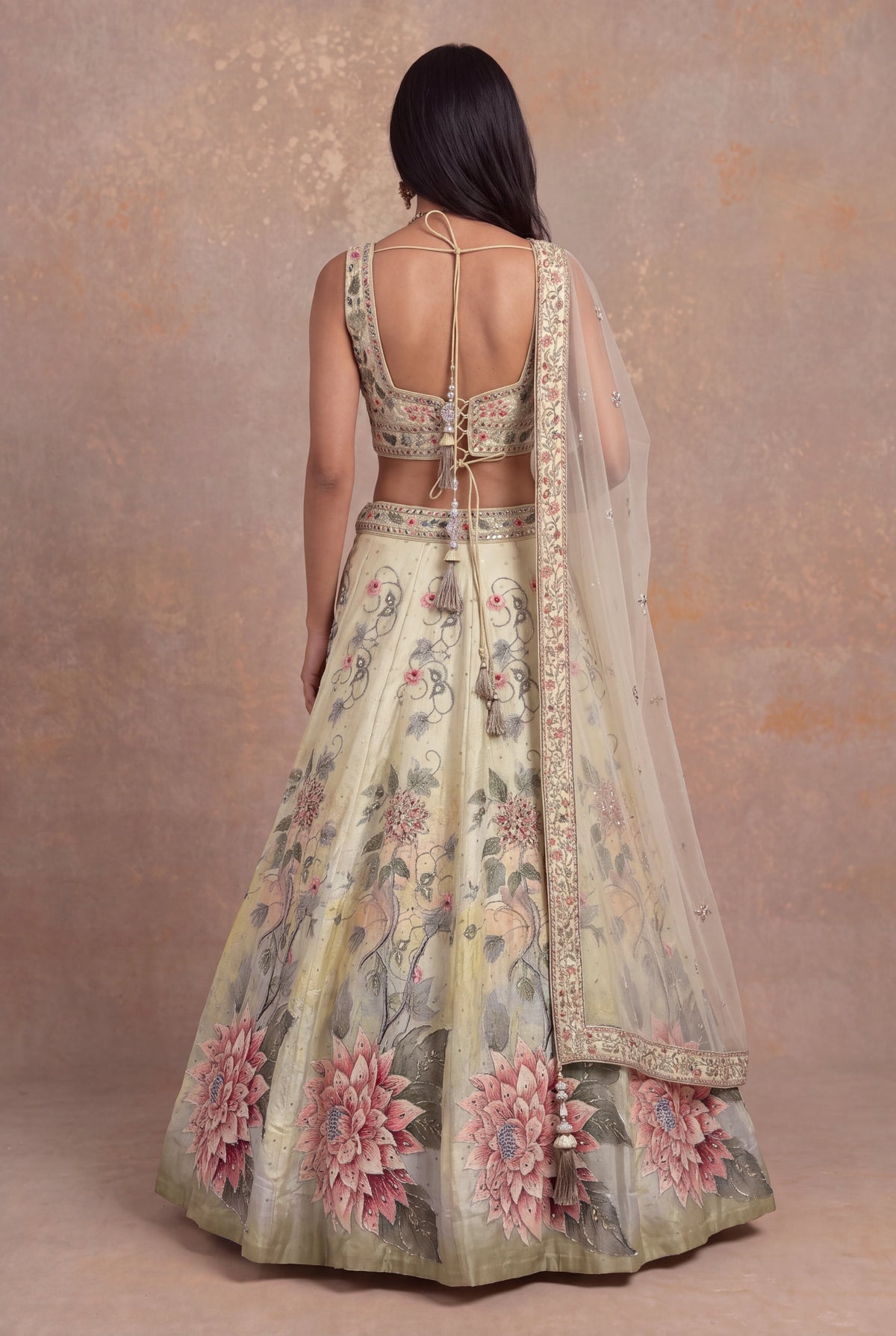 Pista Green Peacock & Floral Silk Lehenga - Mokshaa