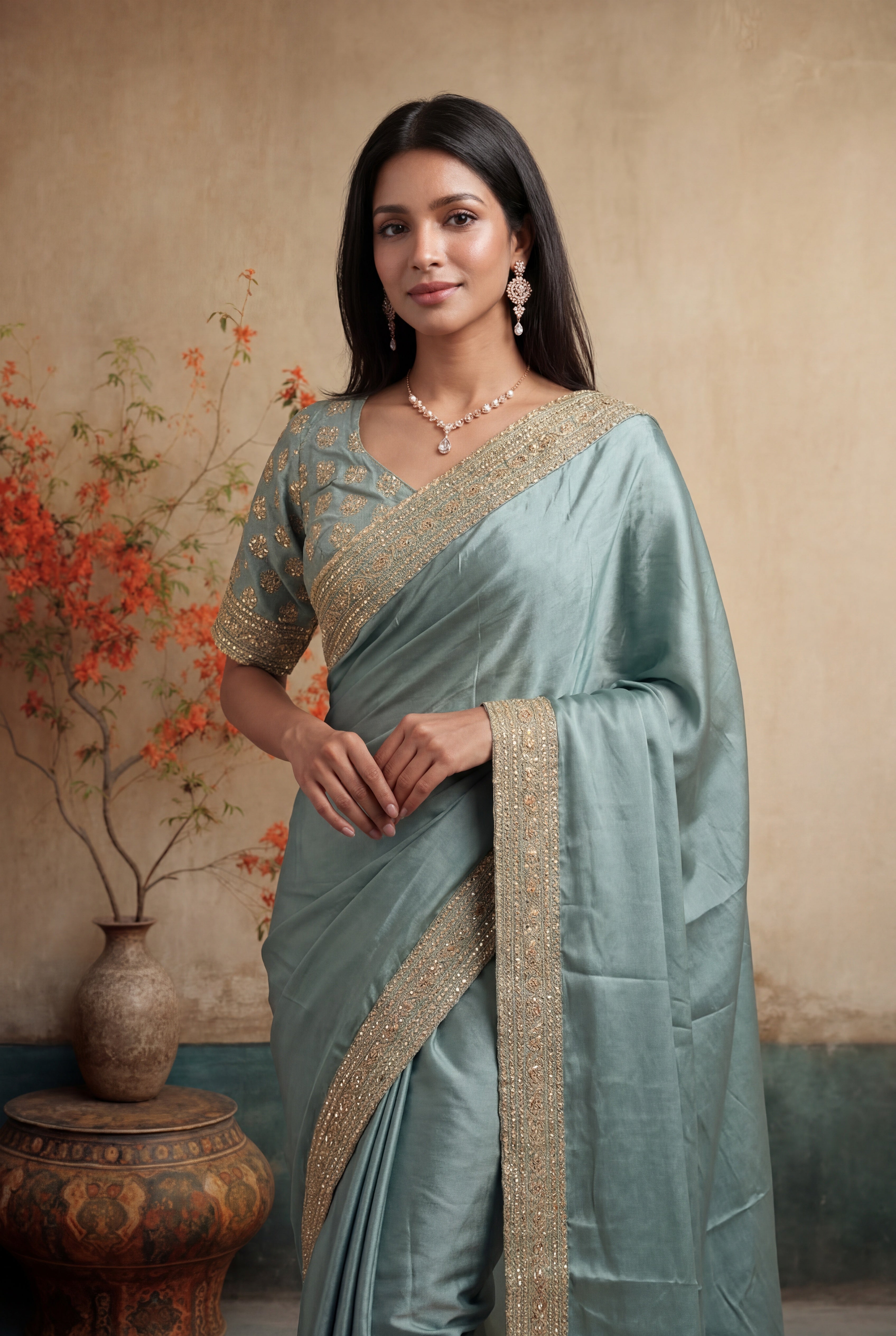 Pastel Green Satin Saree