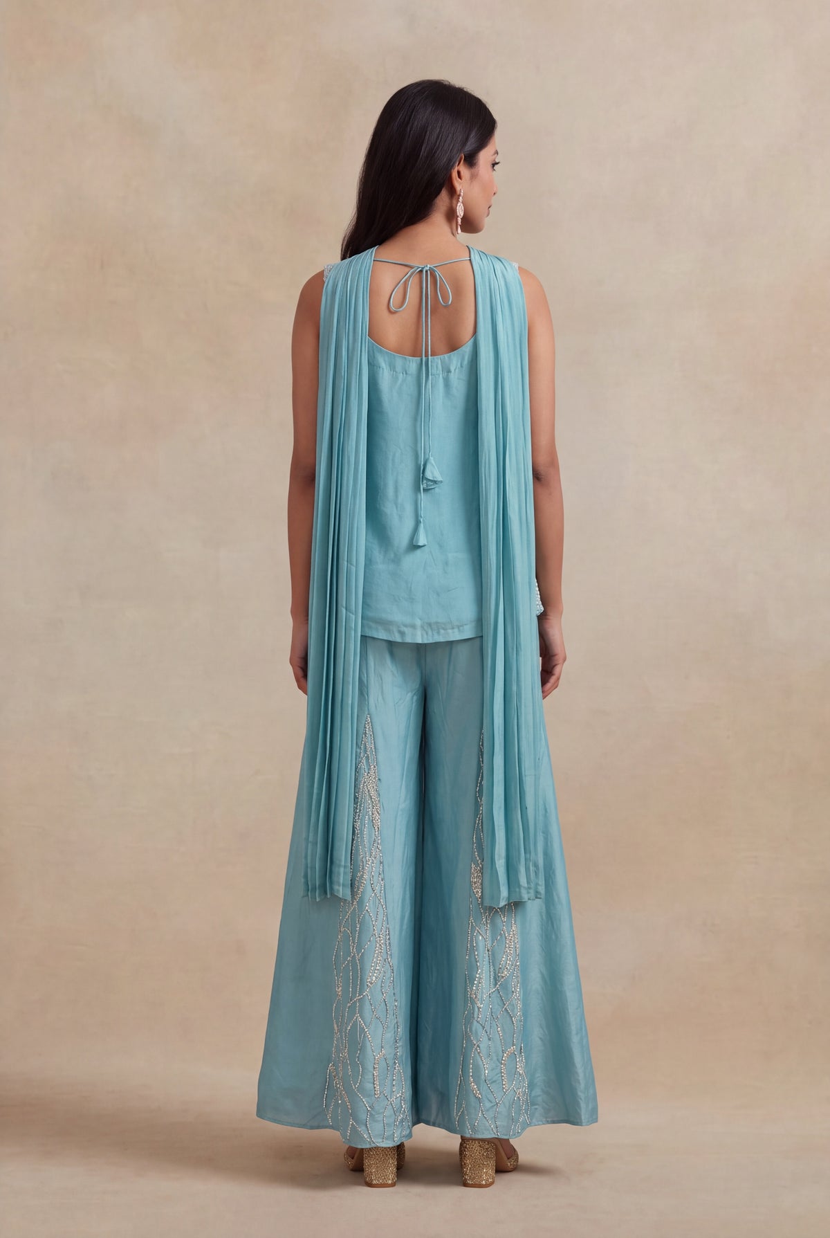 Powder Blue Crepe Palazzo Set with Sequins & Katdana Work - Mokshaa