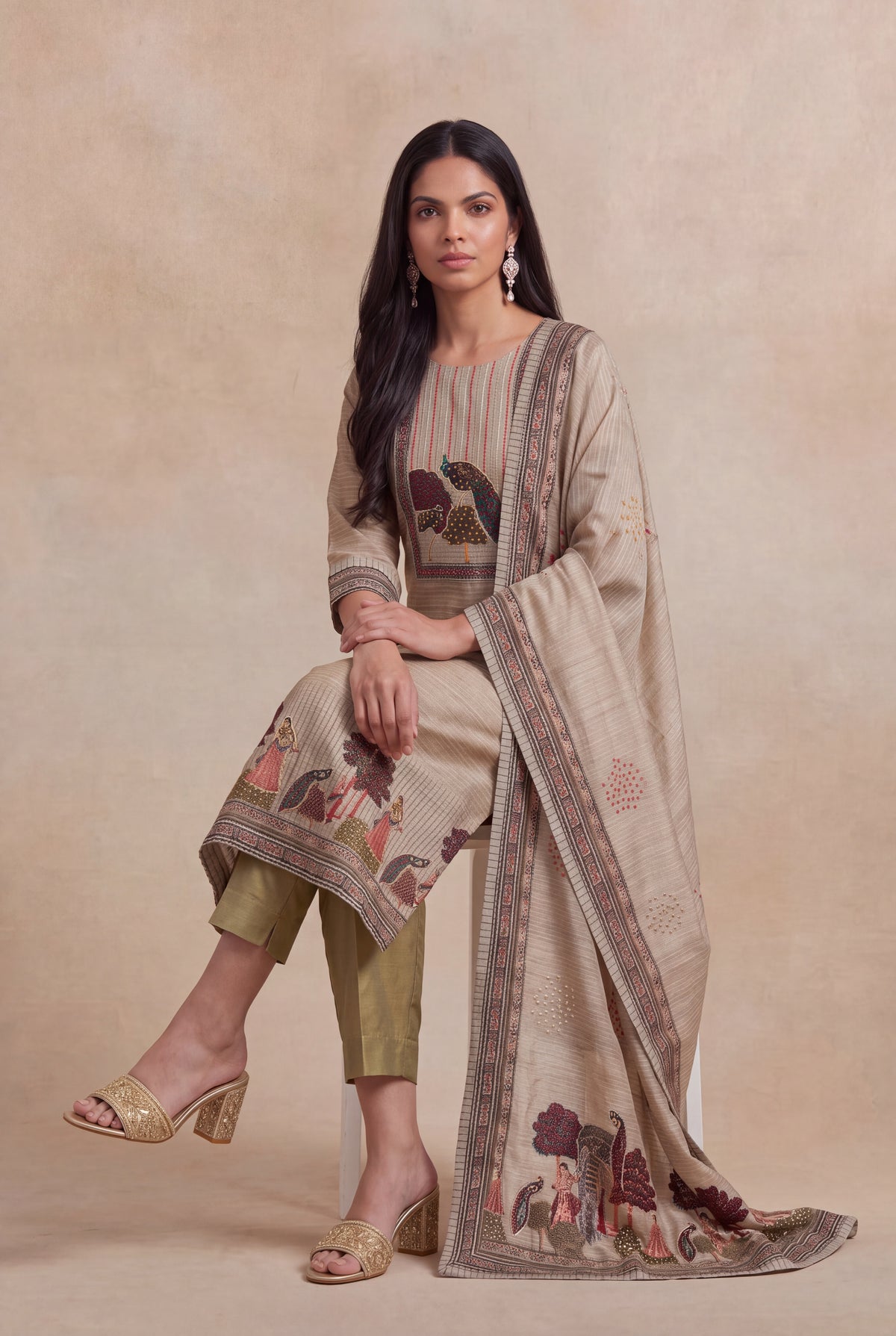Beige Cotton Kurti Set - Mokshaa