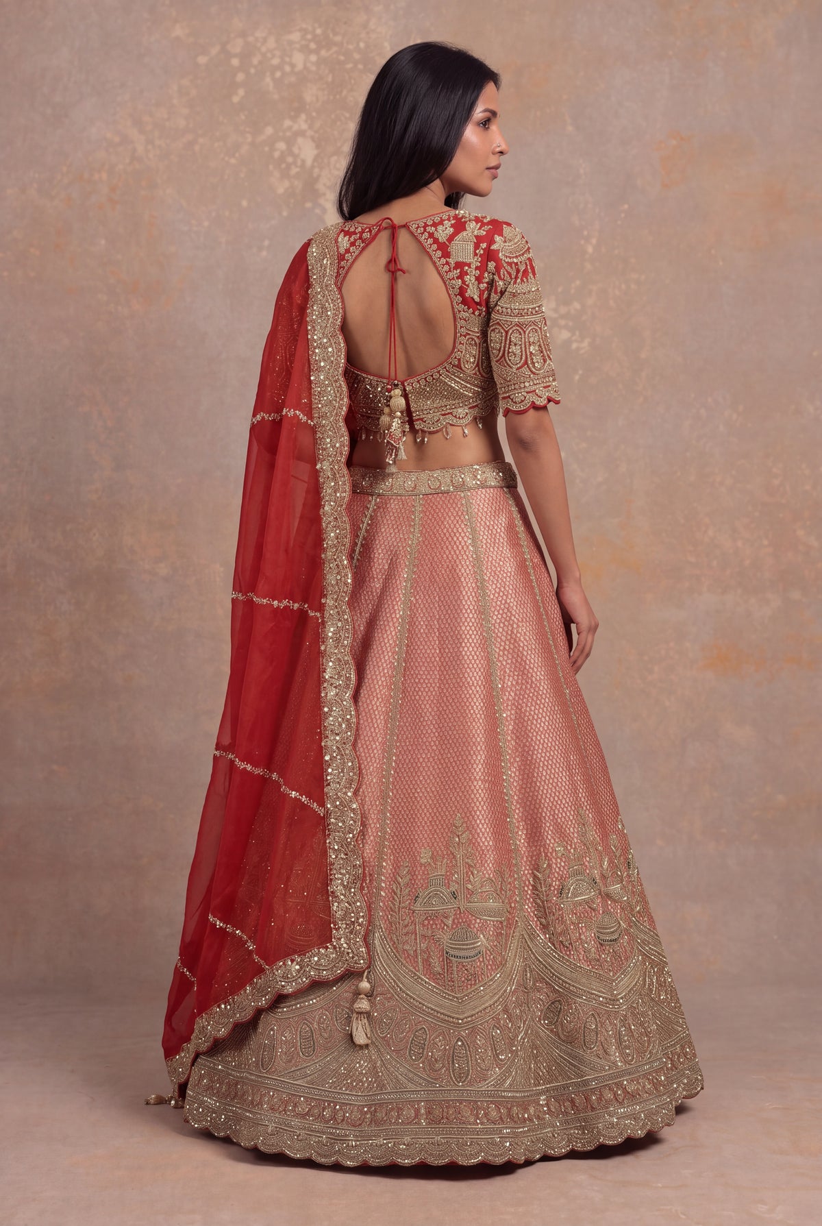 Rust Orange Banarasi Tissue Lehenga Set with Zardozi Embroidery - Mokshaa