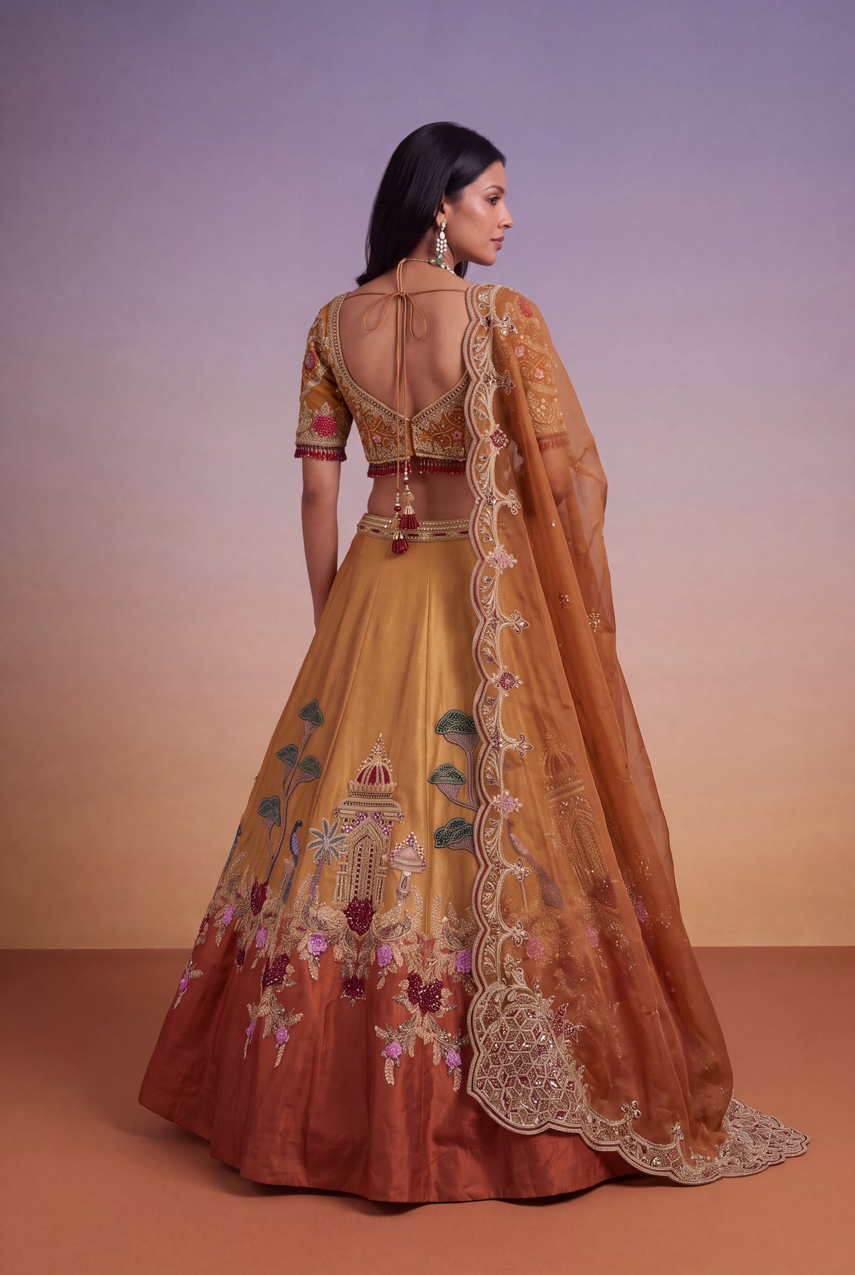 Mustard & Burnt Orange Tissue Lehenga - Mokshaa