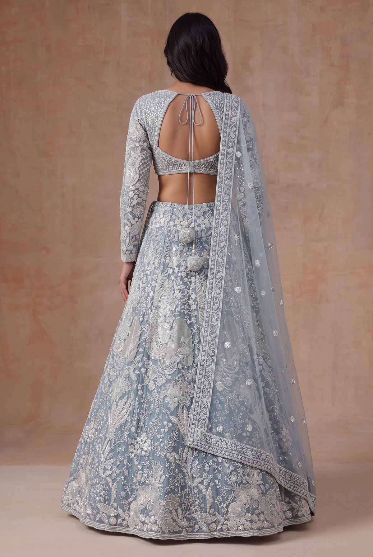 Sky Blue Net Lehenga with White Sequin and Pearl Work - Mokshaa