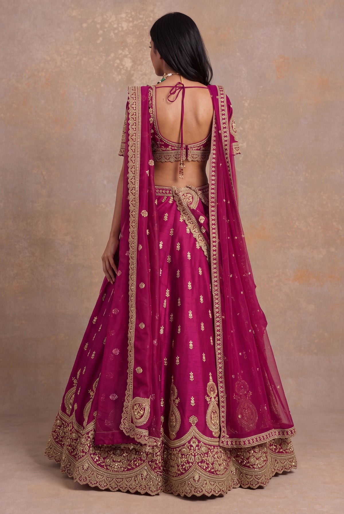 Magenta Raw Silk Lehenga Set with Zardozi and Kundan Work - Mokshaa