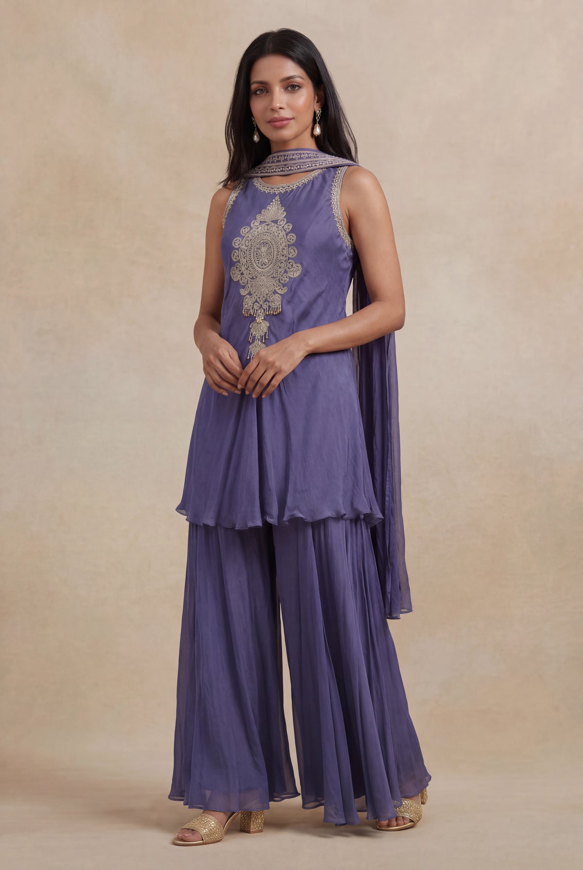 Slate Violet Chinon Katdana & Sequin Indo Western Set - Mokshaa