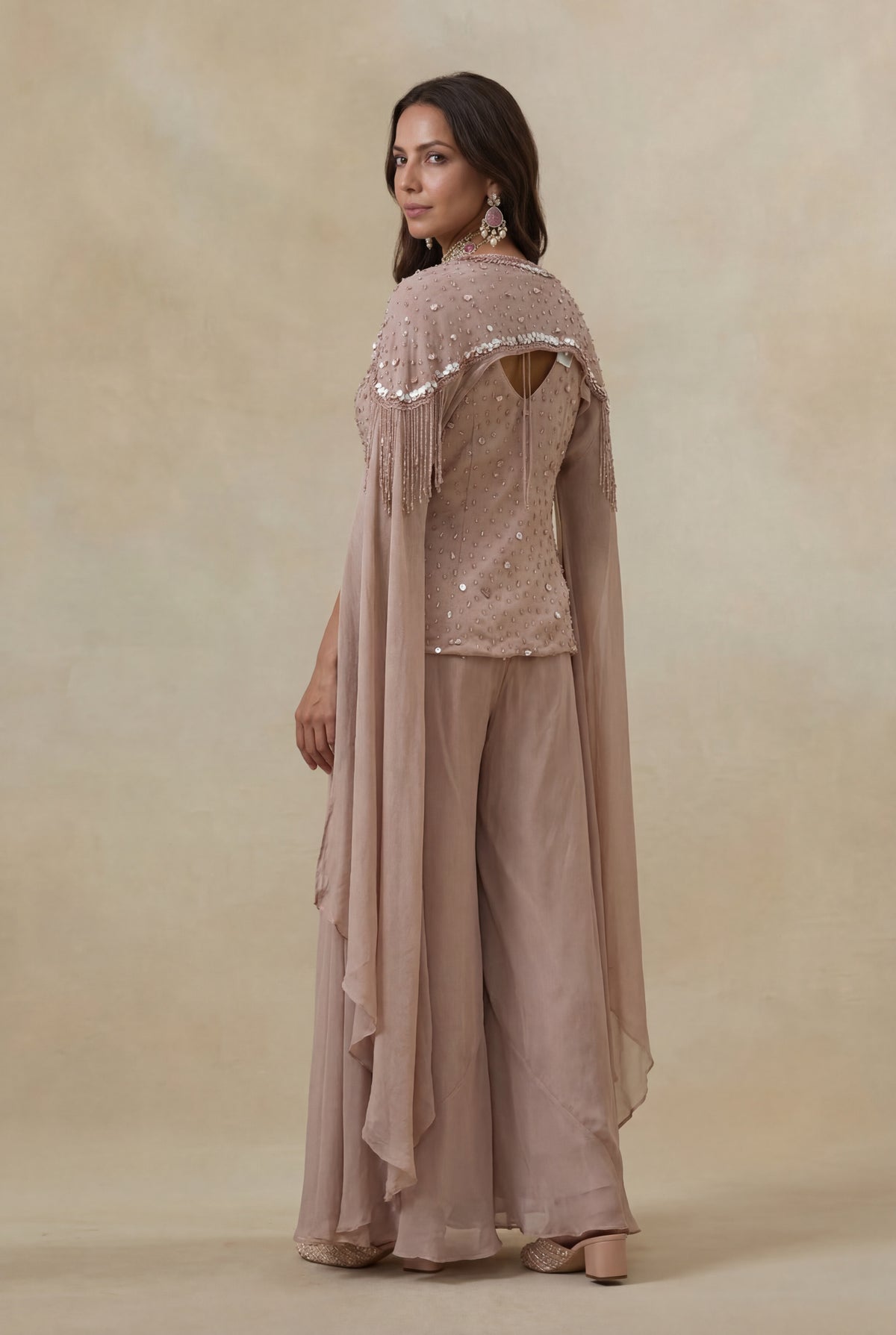 Dusty Mauve Georgette Sequin & Katdana Indo Western Set - Mokshaa