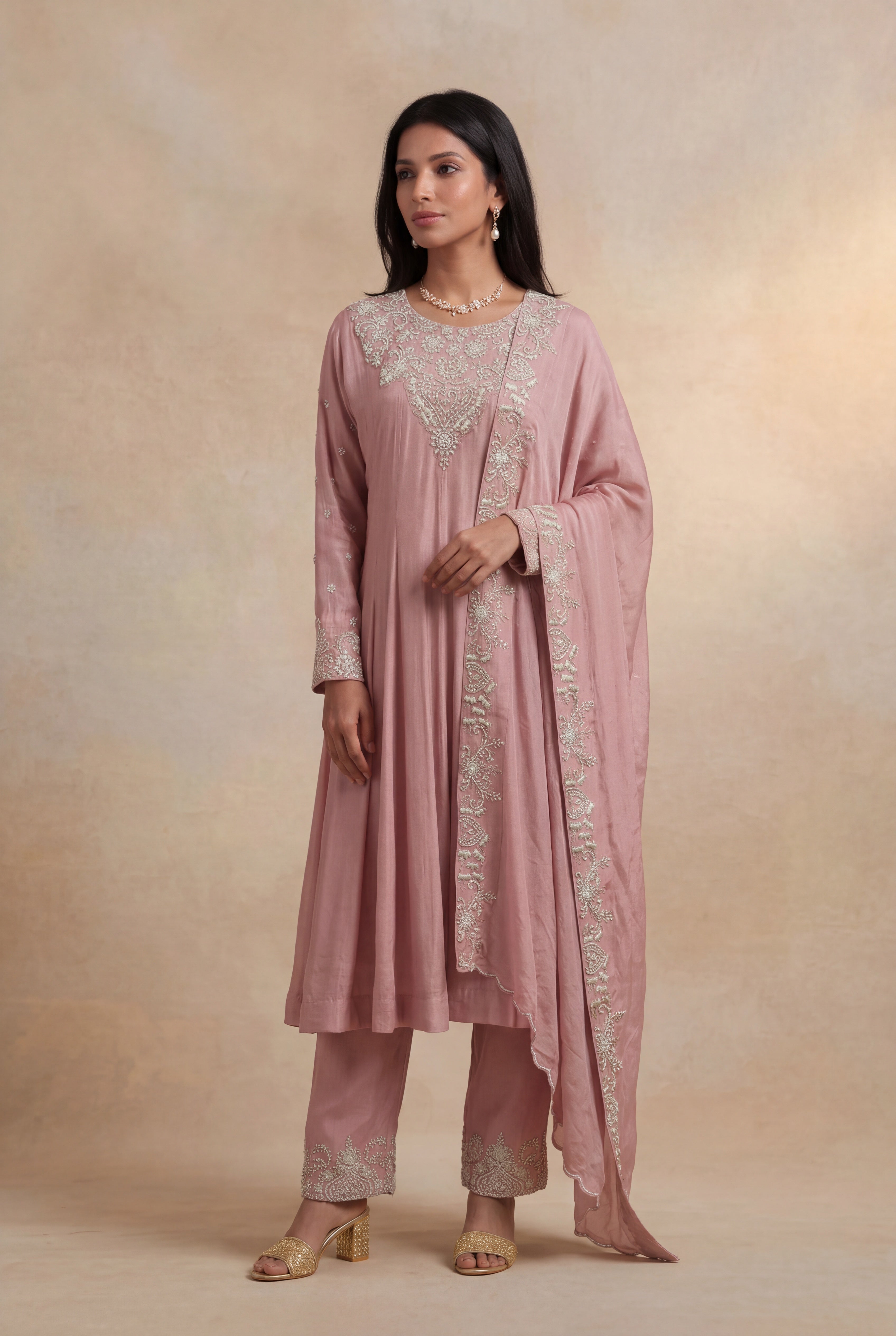 Peach Grape Fabric Embroidered Anarkali Suit Set with Dupatta