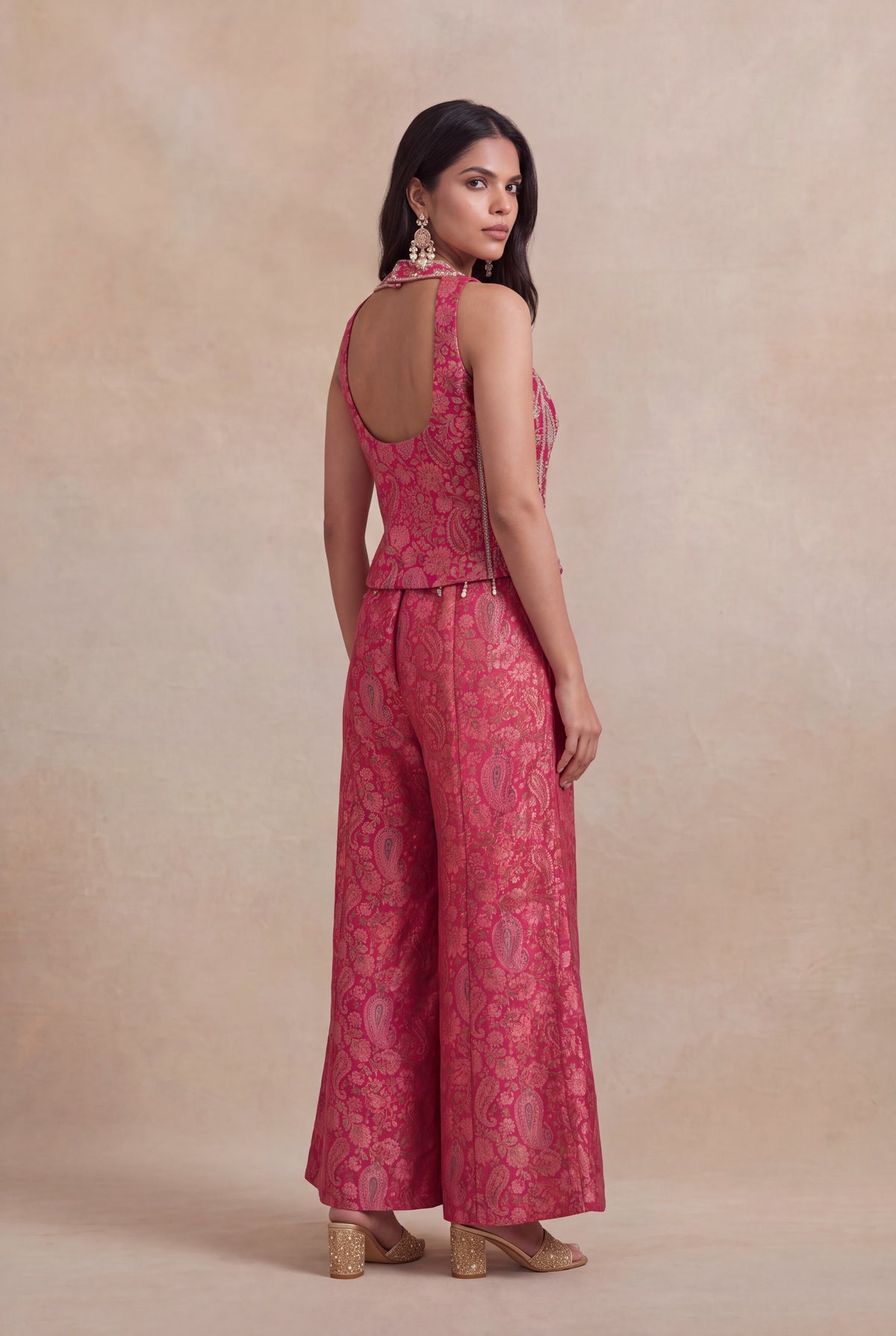 Pink Banarasi Indo-Western Palazzo Set with Embellished Corset - Mokshaa