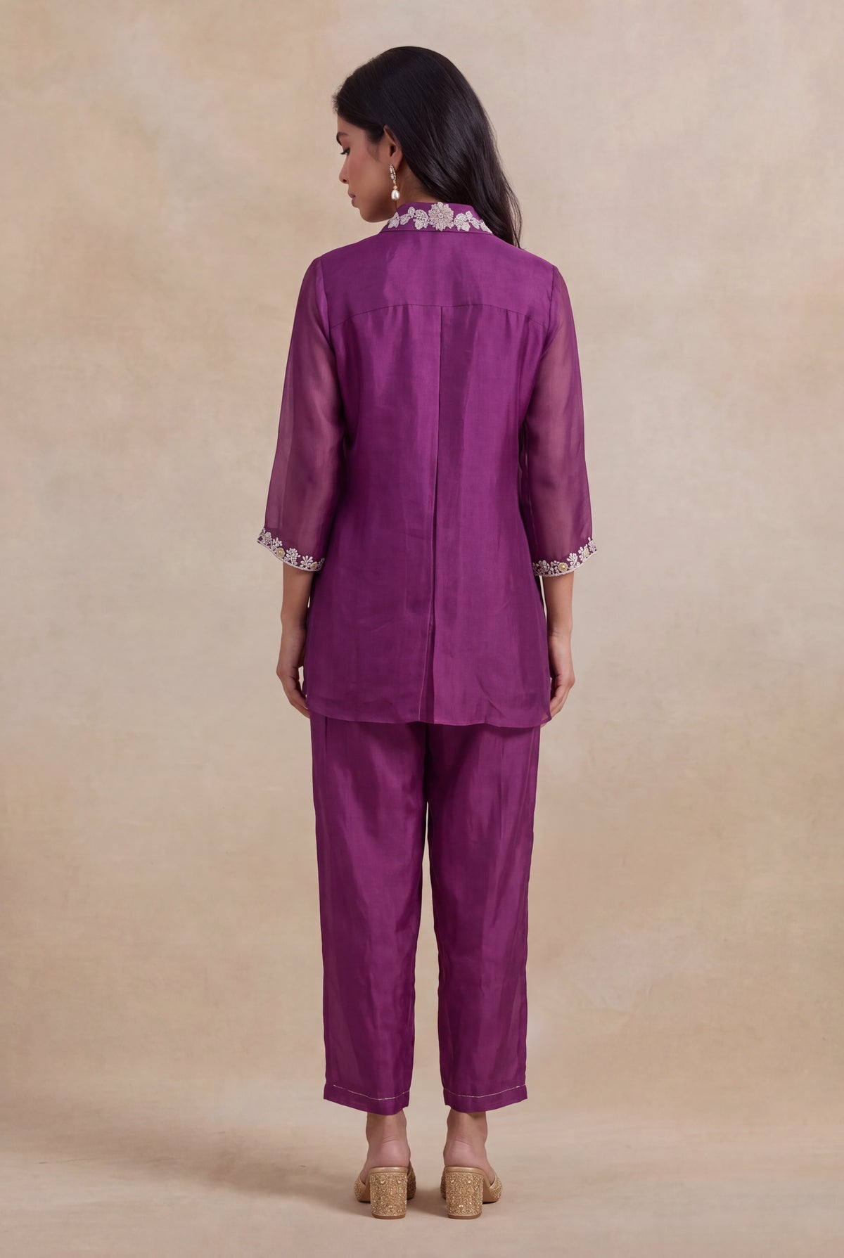 Wine Organza Co-ord Set - Mokshaa