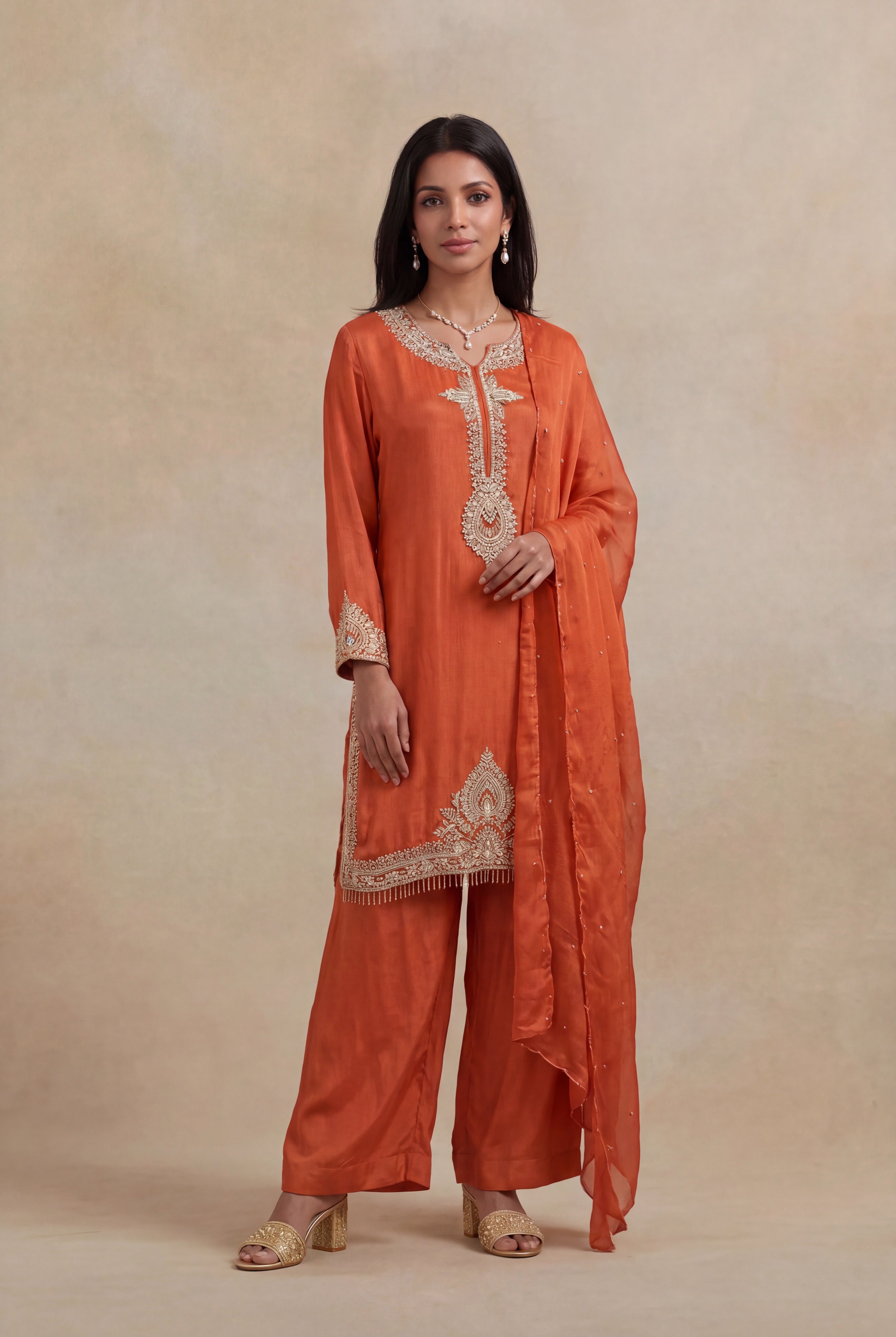 Orange Crepe Embroidered Short Top Sharara Set