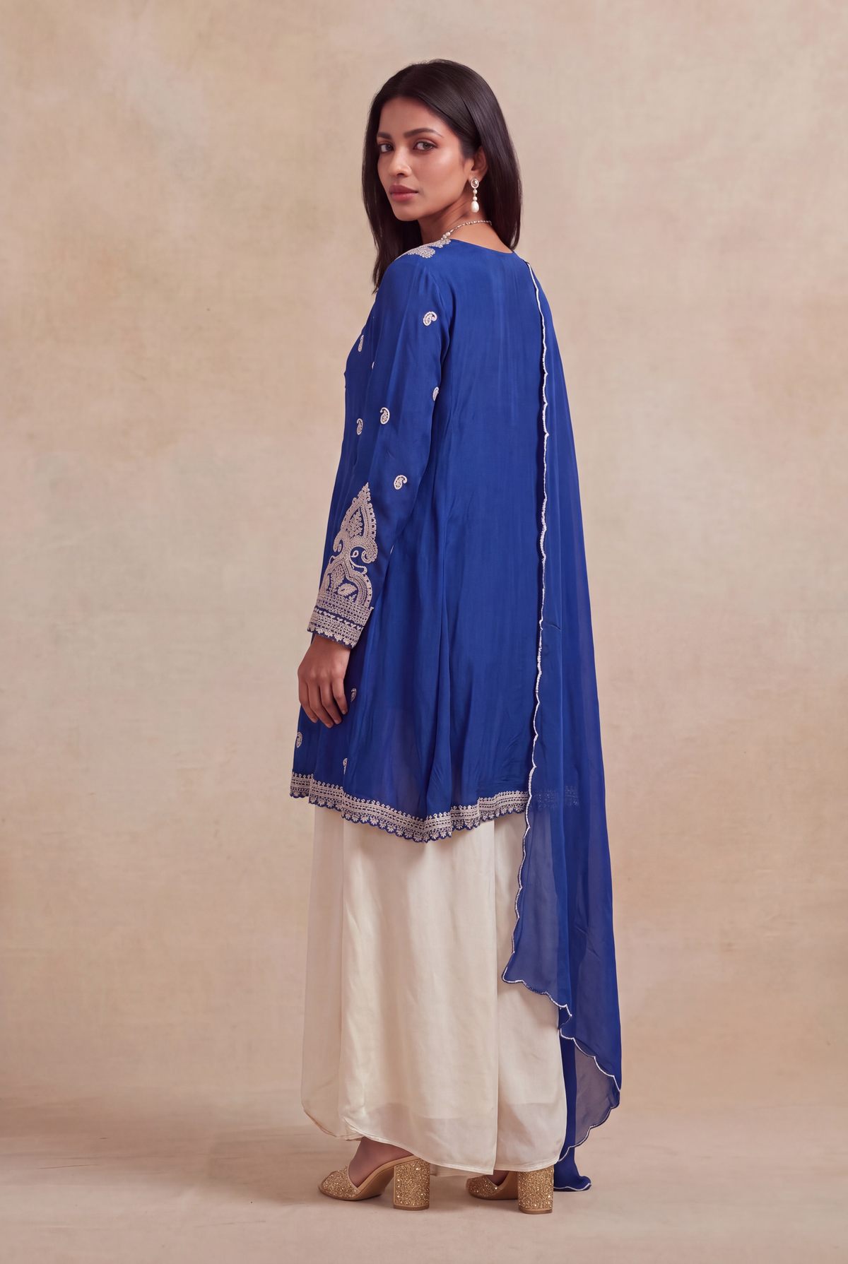 Royal Blue Chinon Indo-Western Set - Mokshaa