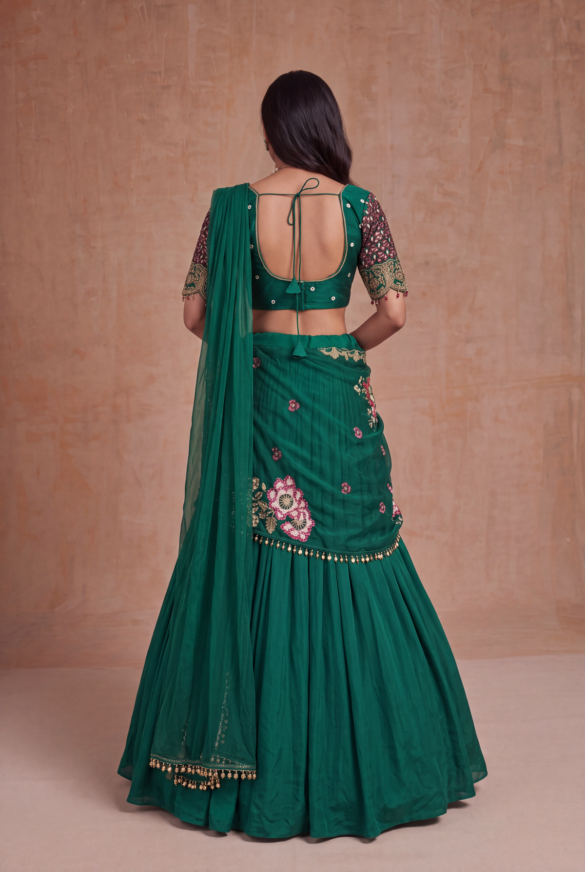 Emerald Green Draped Silk Lehenga set - Mokshaa
