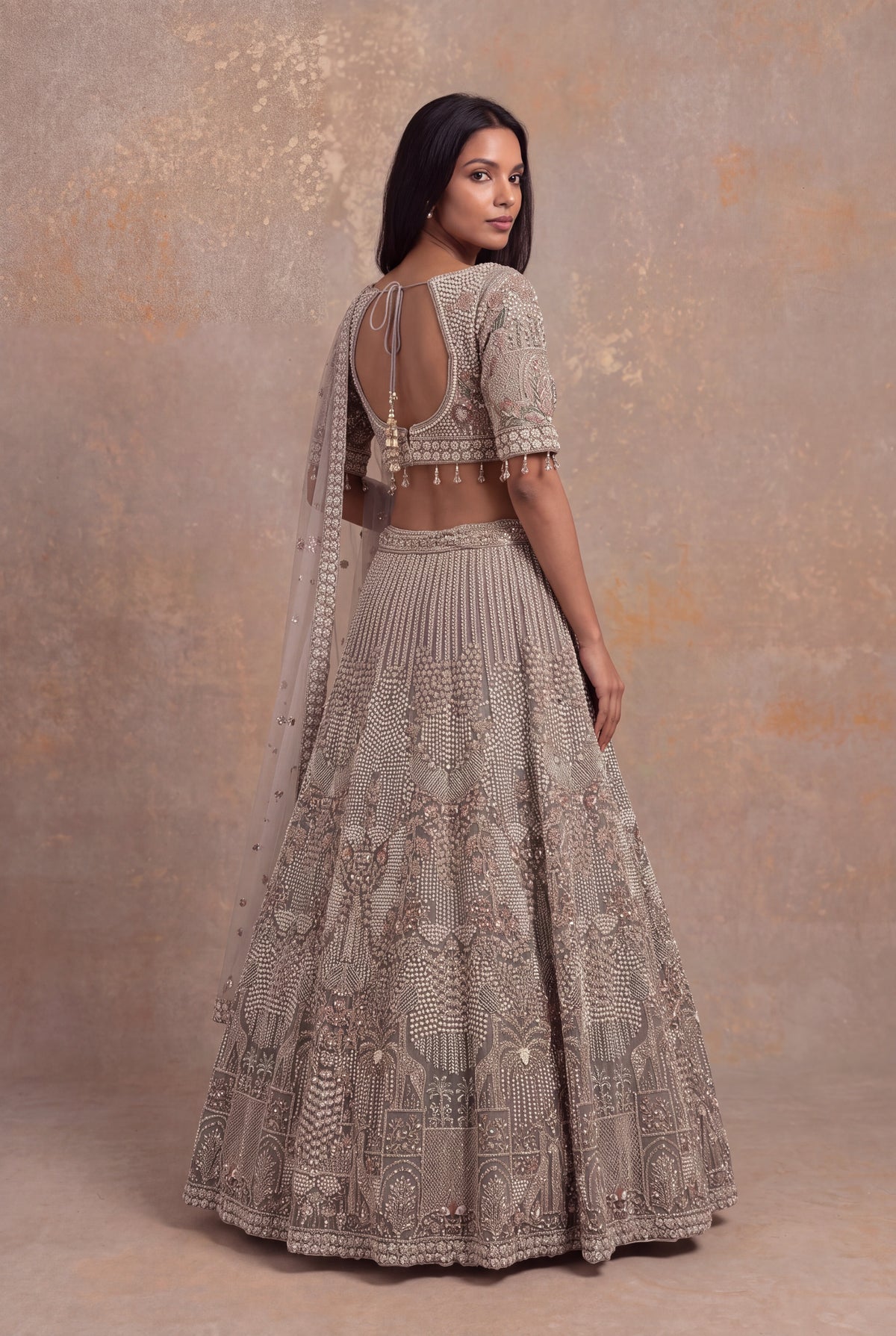 Taupe Net Lehenga - Mokshaa