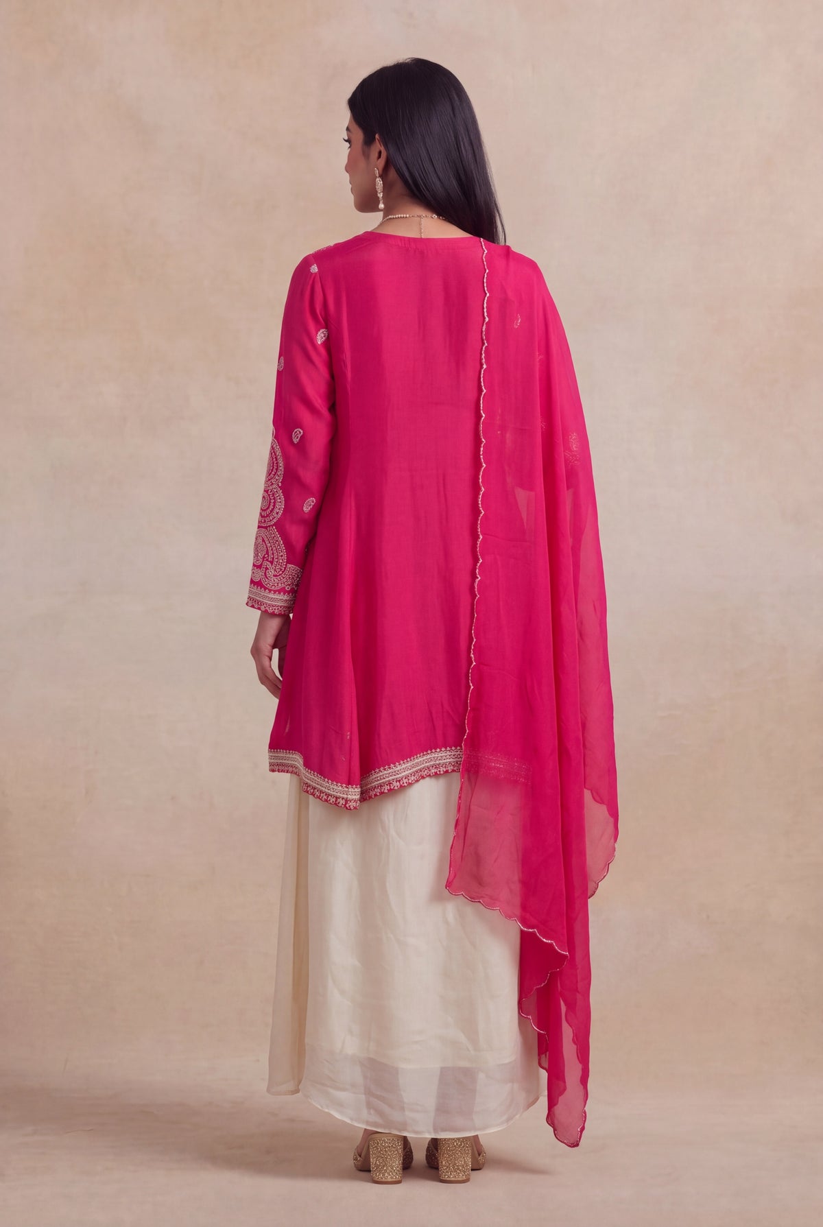 Rani Pink Chinon Indo-Western Drape Set - Mokshaa