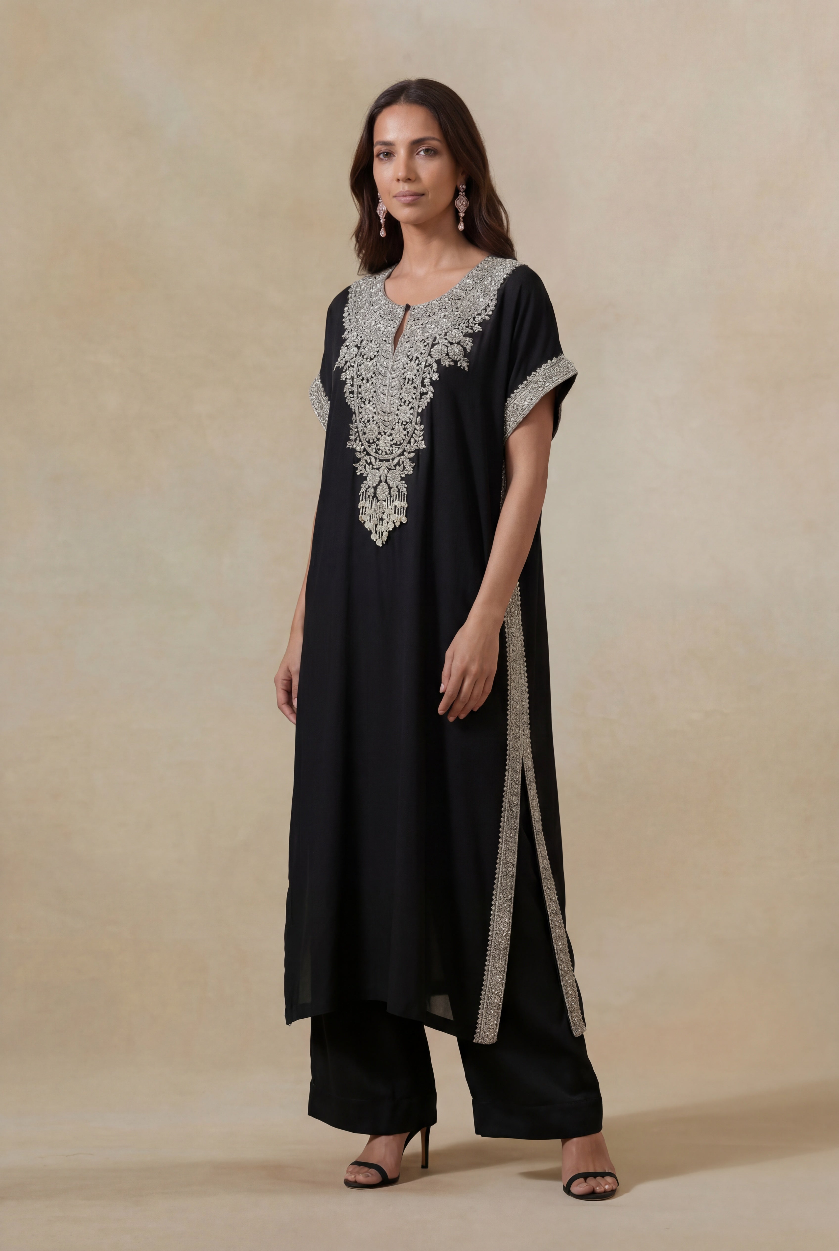 Black Satin Silk Kaftan Set