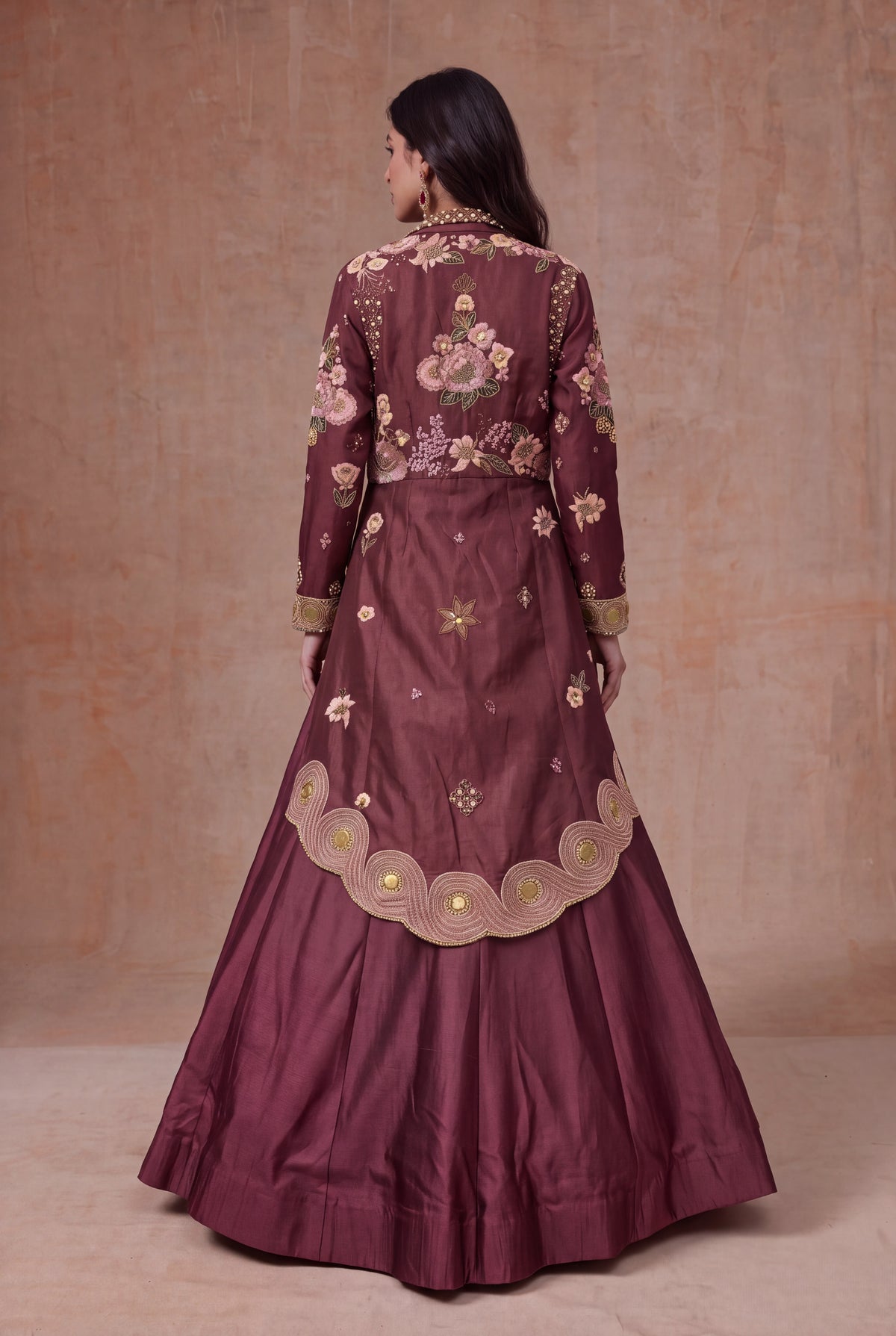 Wine Mauve Raw Silk Jacket Lehenga with Floral Embroidery - Mokshaa