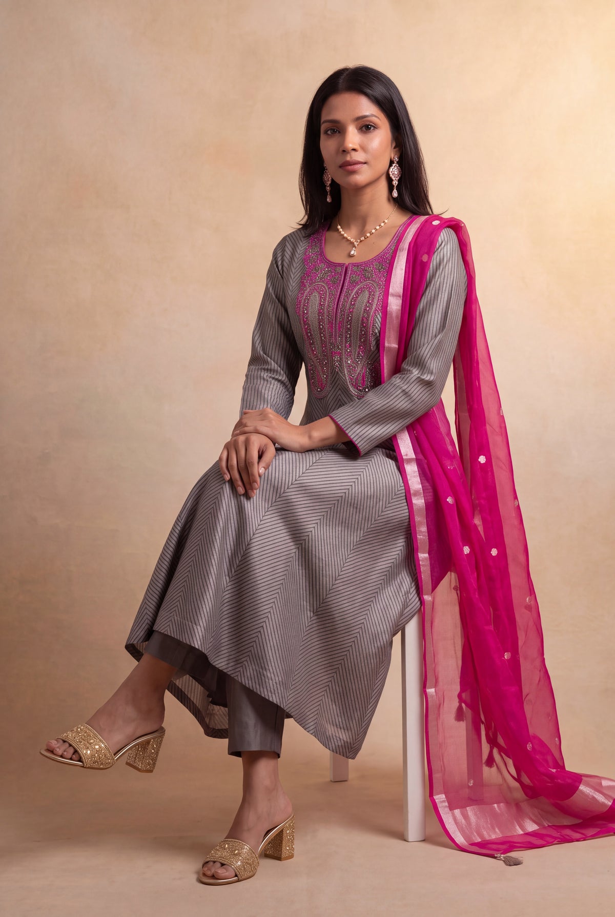 Grey Silk Anarkali Set - Mokshaa