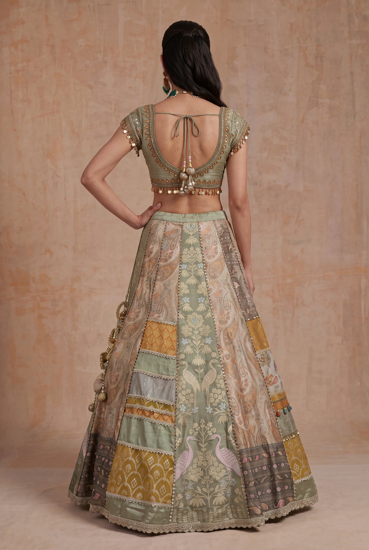 Light Green & Mustard Banarasi Printed Lehenga - Mokshaa