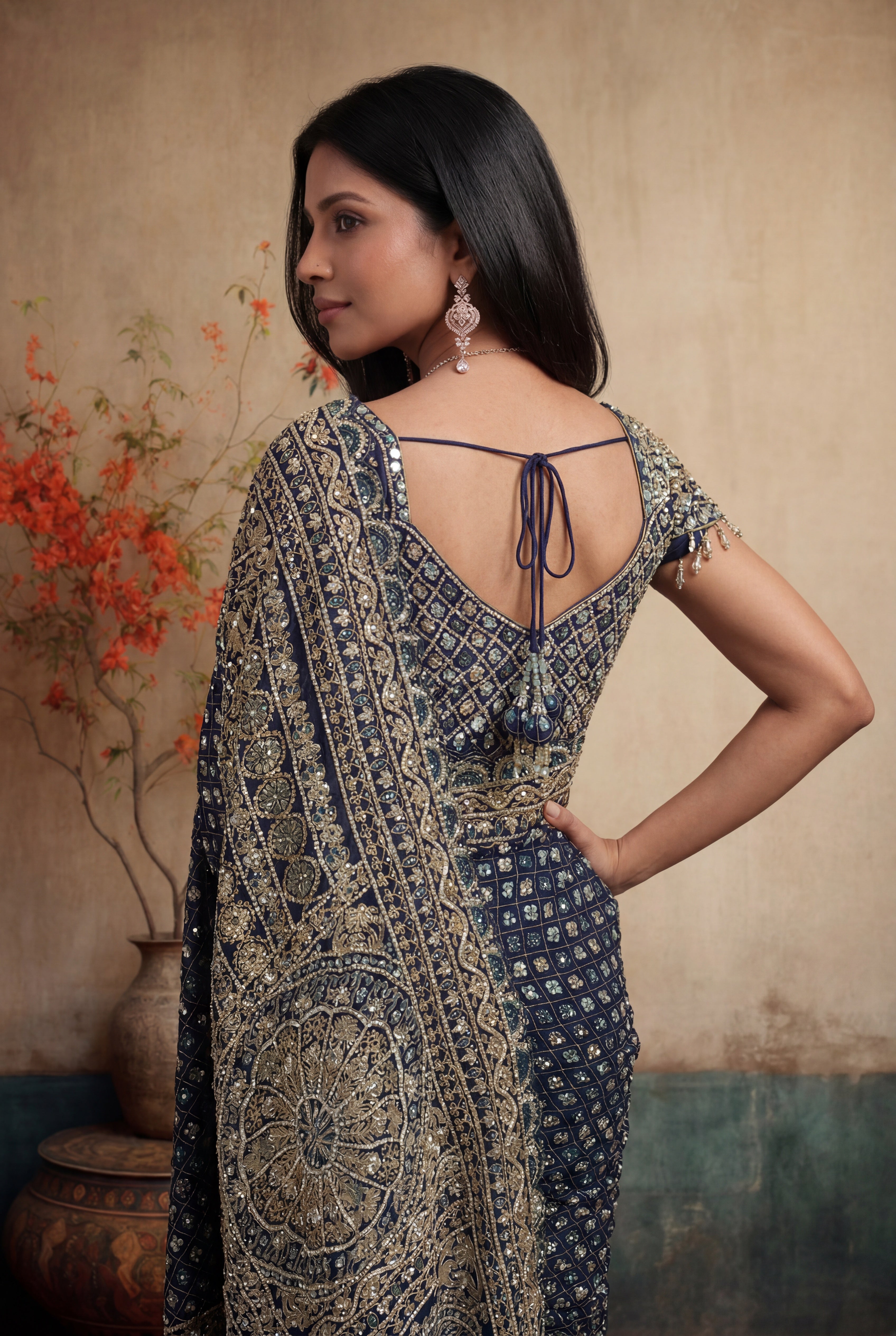 Navy Blue Rinkle Georgette Sequins Saree