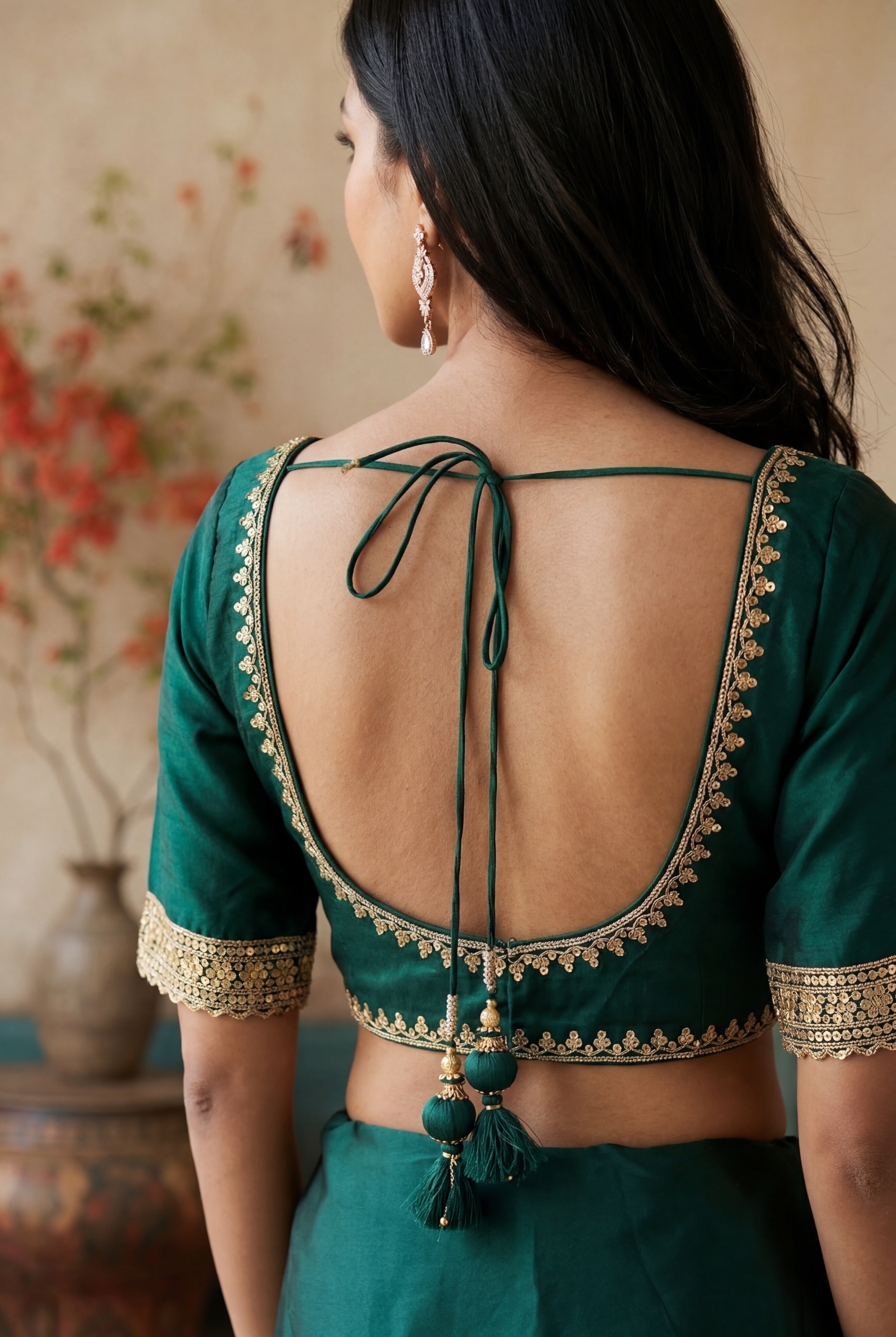 Green Satin Saree with Gold Sequin Border