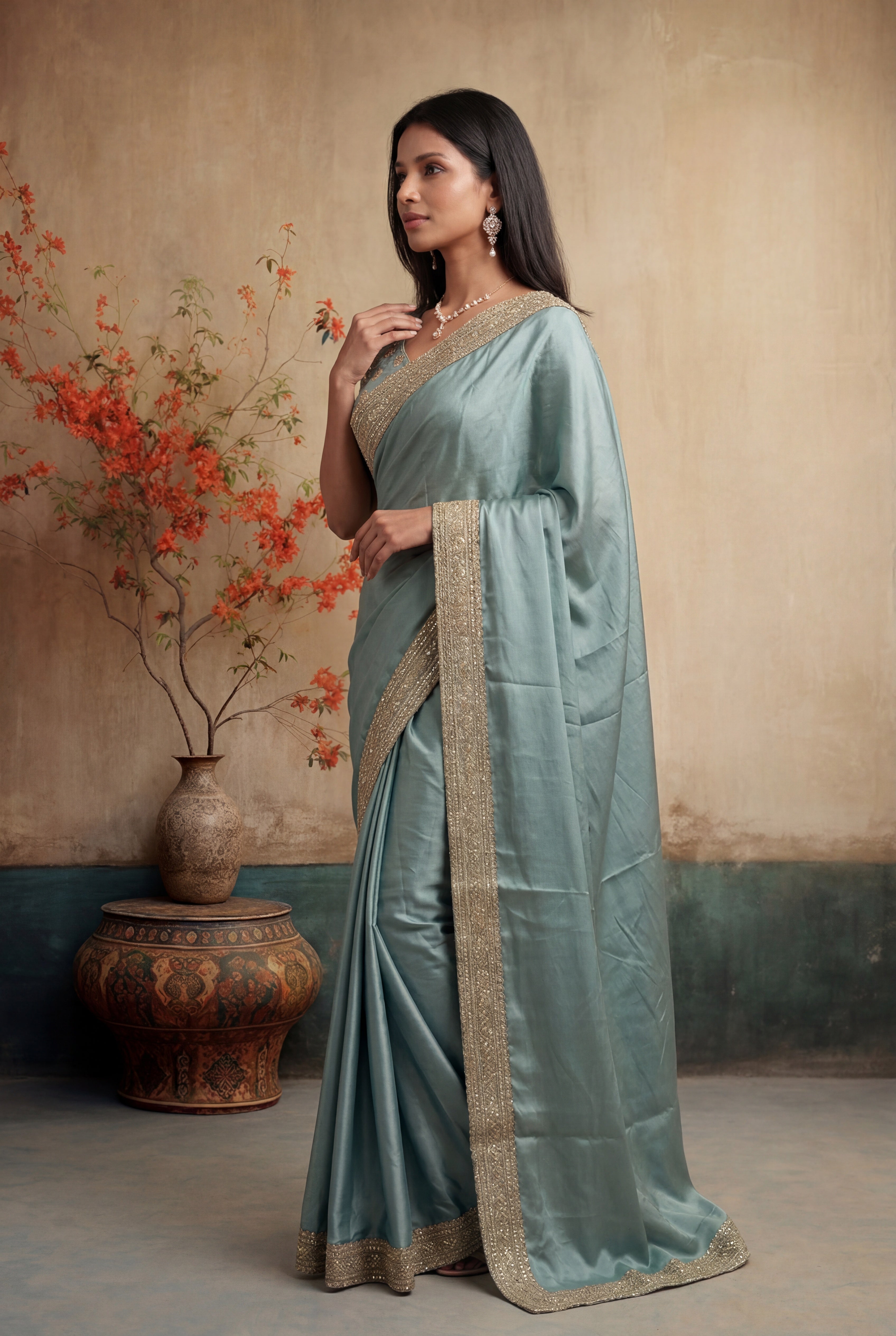 Pastel Green Satin Saree