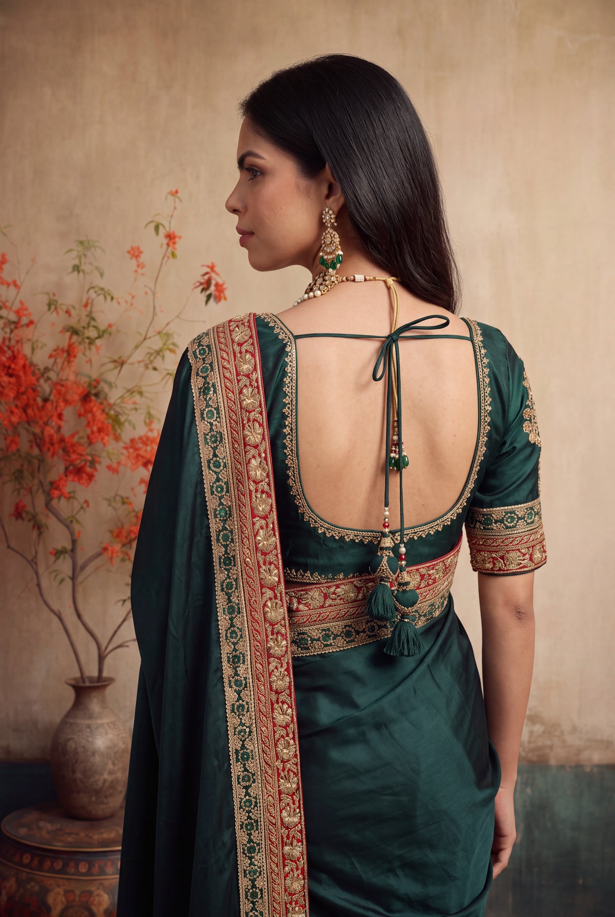 Bottle Green Satin Silk Saree - Mokshaa