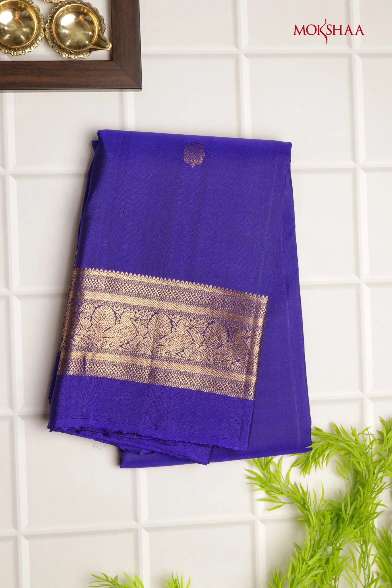 Ink Blue Kanchivaram Silk Saree with Zari Border - Mokshaa
