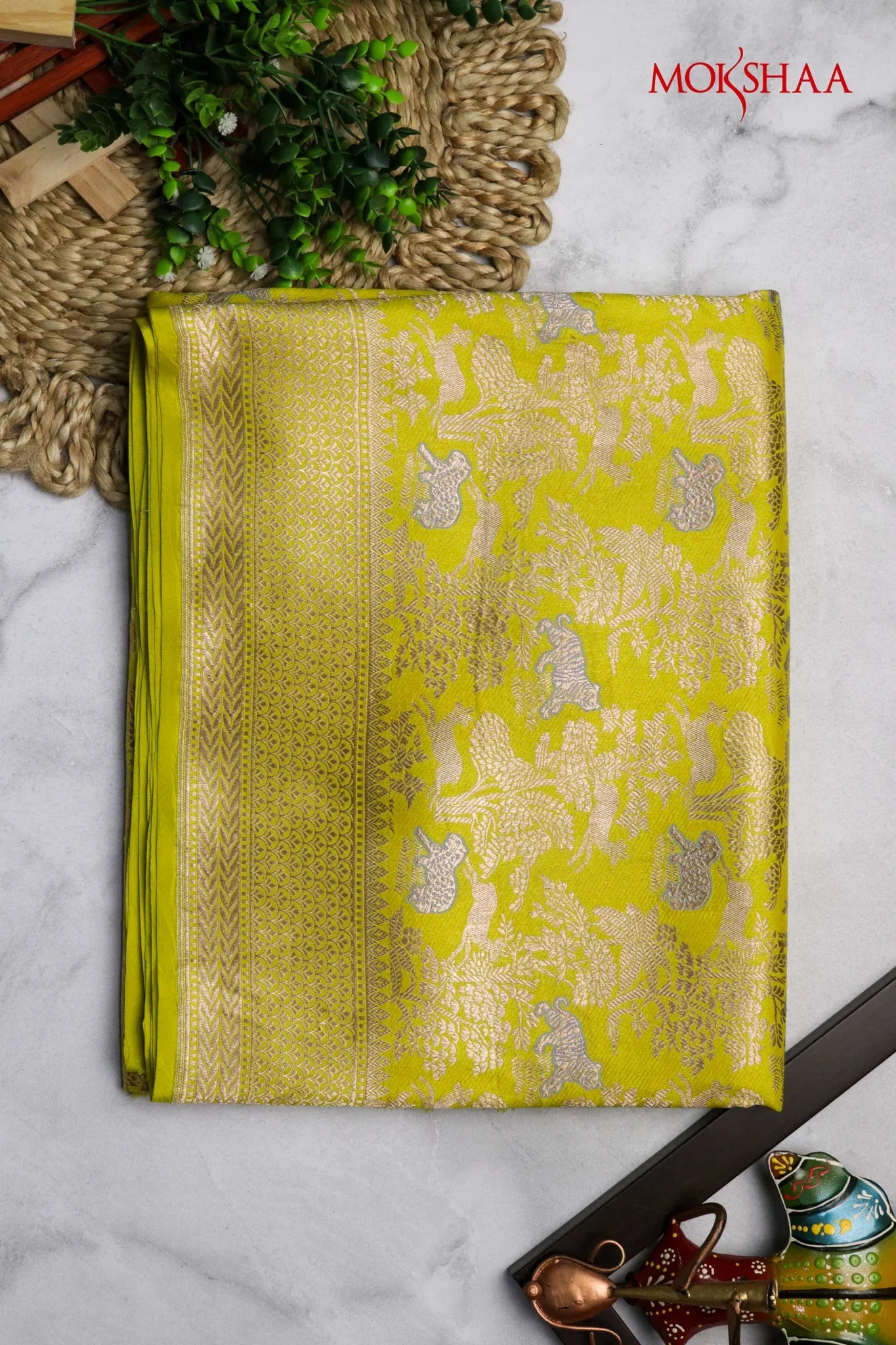 Yellow Banarasi Animal Motif Silk Saree - Mokshaa