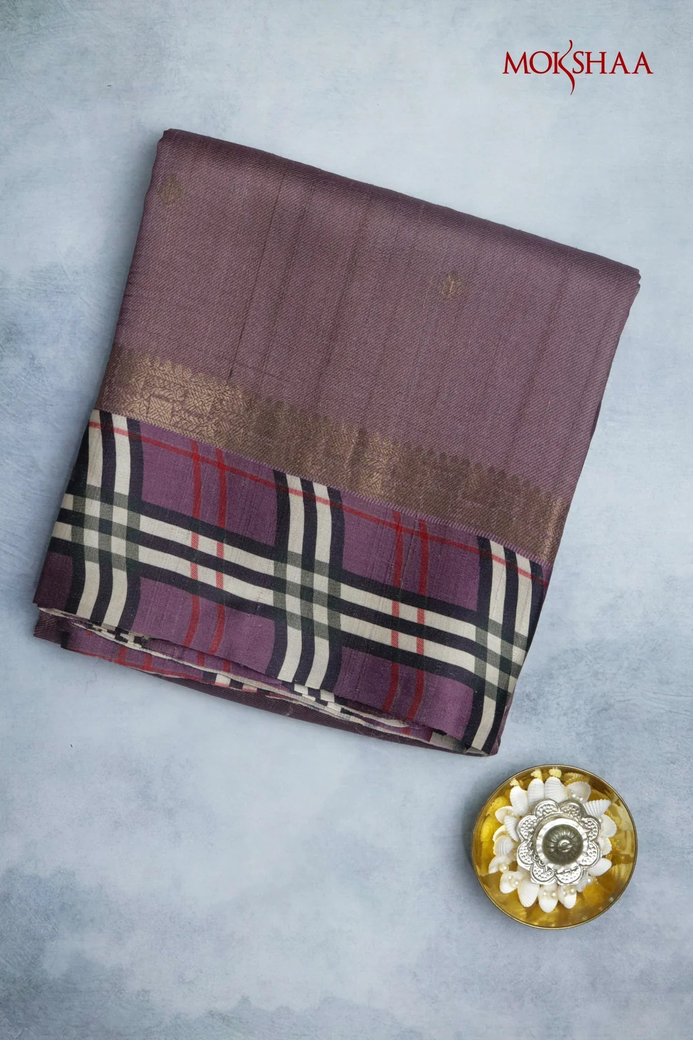 Wine Tussar Silk Saree with Satin Checks Border - Mokshaa