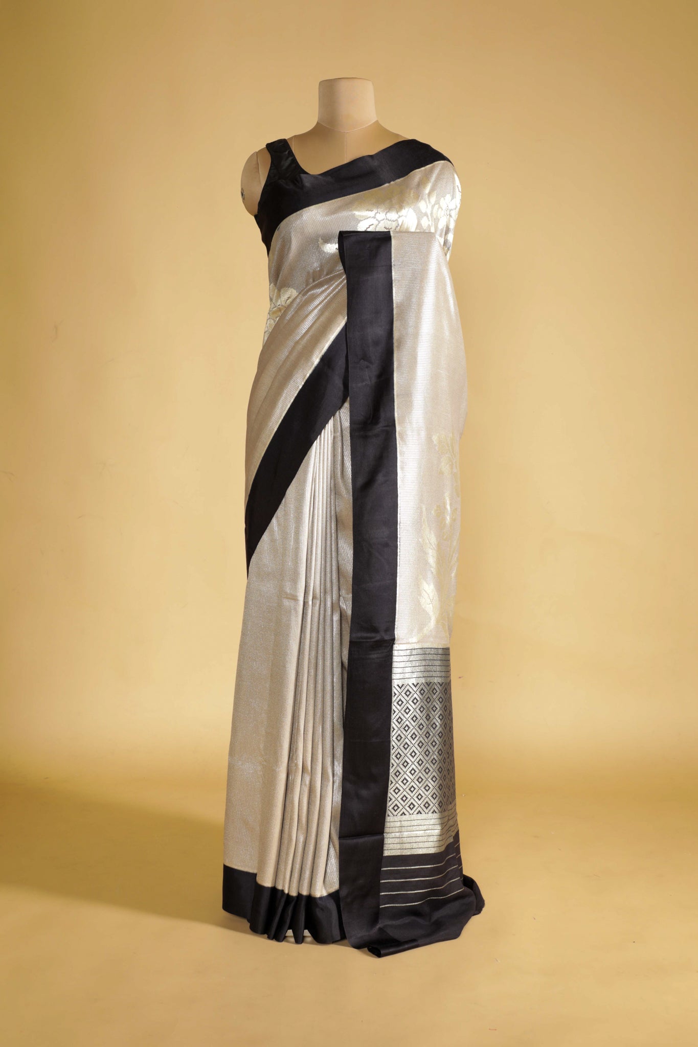 Off White Handloom Silk Saree with Silver Zari Weaving - Mokshaa