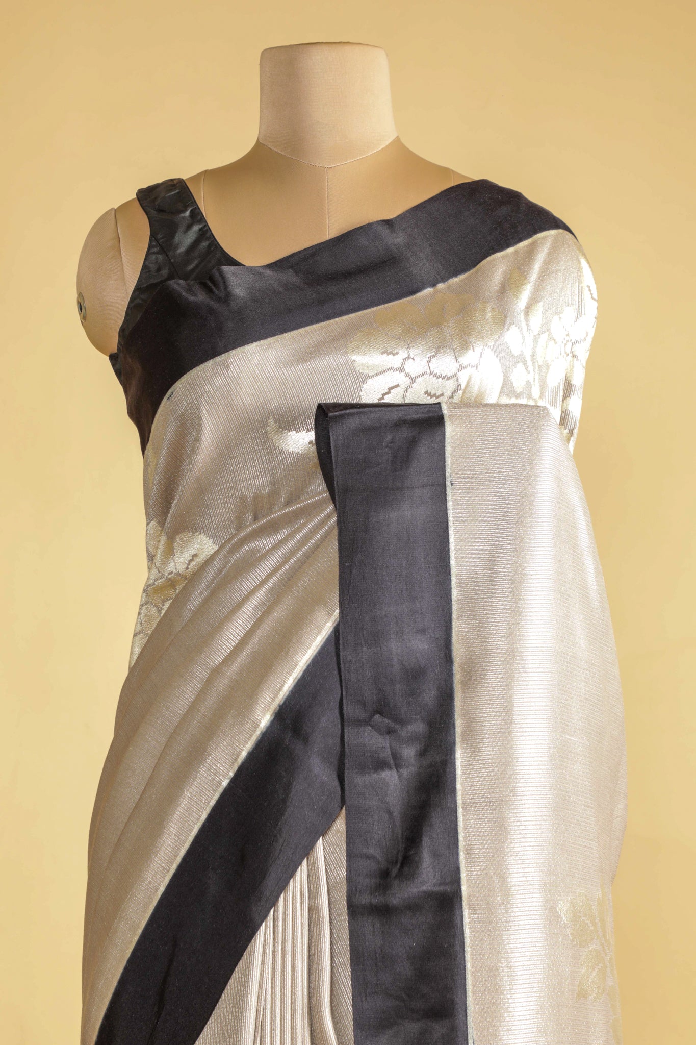 Off White Handloom Silk Saree with Silver Zari Weaving - Mokshaa