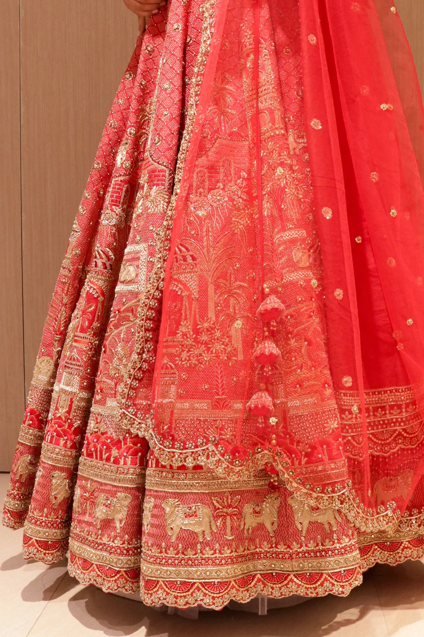 Red Raw Silk Bridal Lehenga with Zardozi and Sequin Embroidery - Mokshaa