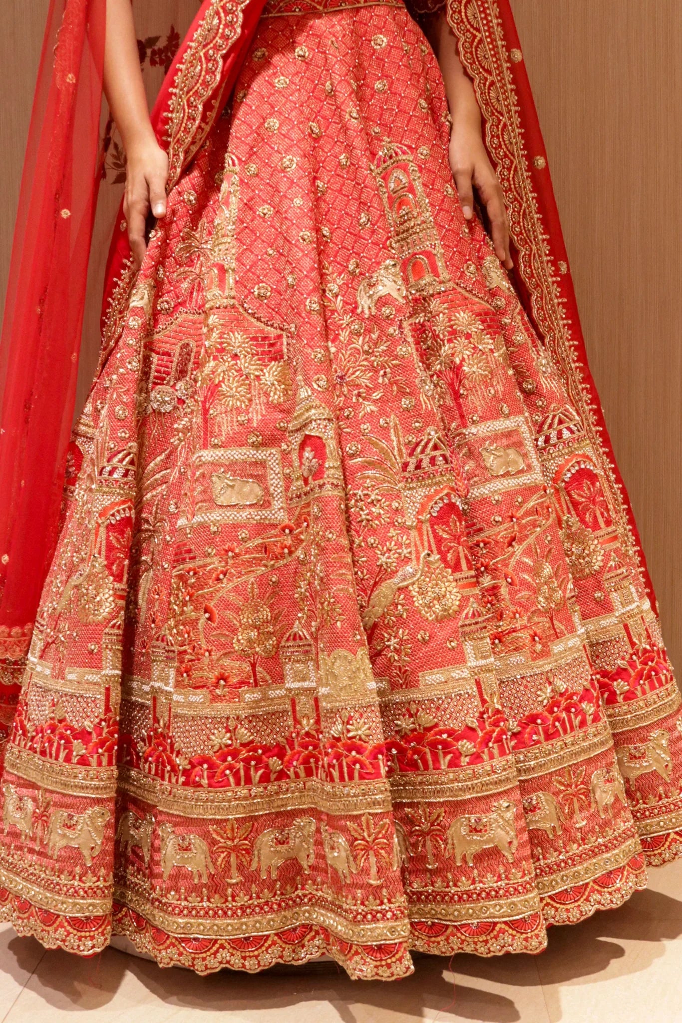 Red Raw Silk Bridal Lehenga with Zardozi and Sequin Embroidery - Mokshaa